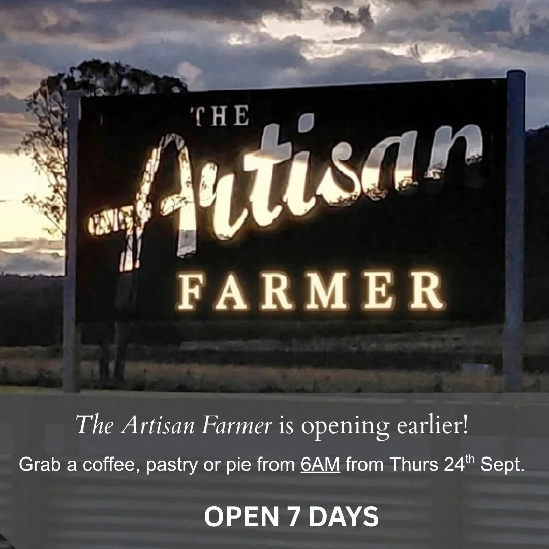 We&rsquo;re changing our opening hours to provide coffees, pies and pastries from 6am, starting from Thursday 24 September. Made-to-order meals remain available from 7am. Hope you can swing in, swing out on your way through!
#theartisanfarmernabiac #