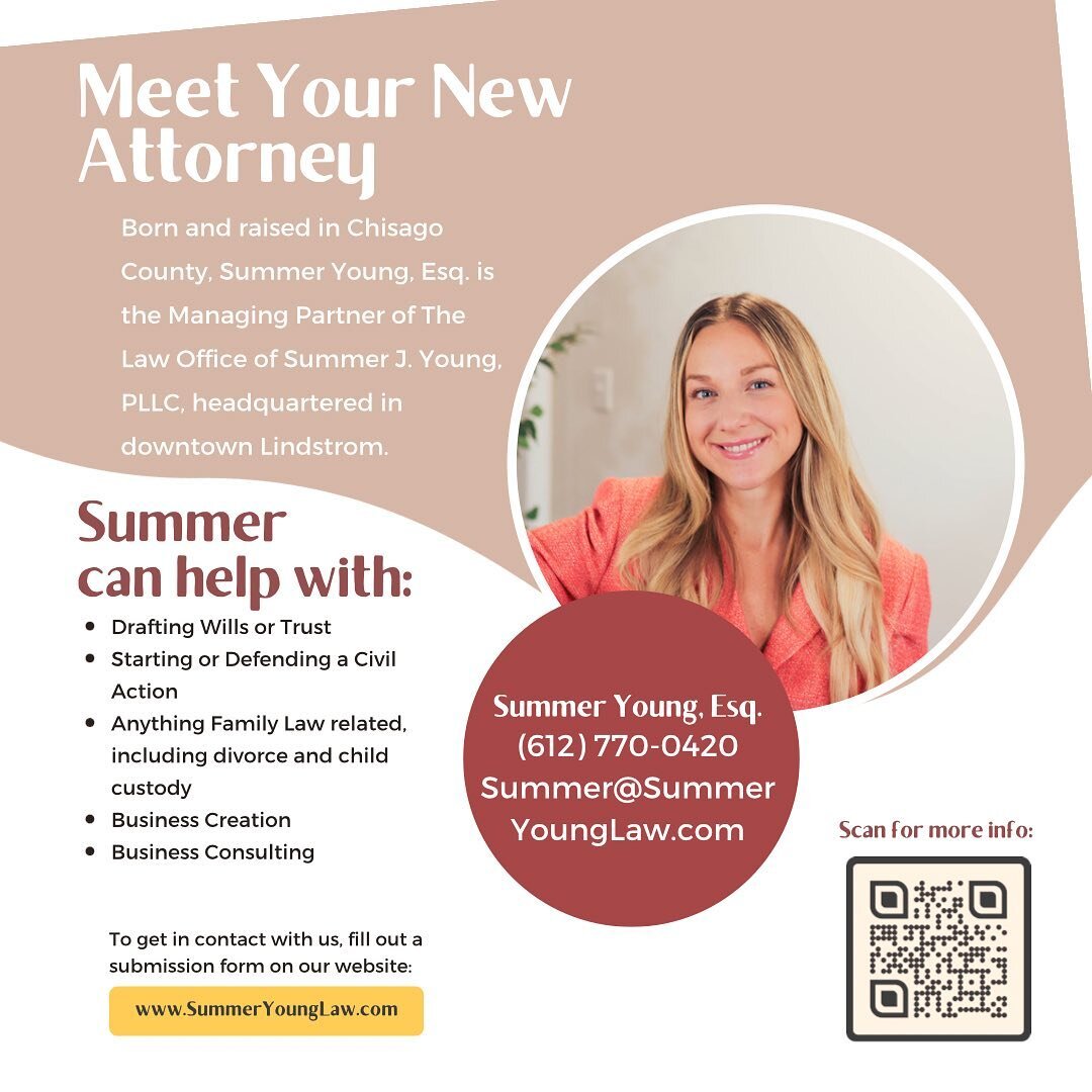 Born and raised in Chisago County, MN, Summer Young is the managing partner of The Law Office of Summer J Young PLLC. After graduating from high school, Summer spent ten (10) years in California going to college and law school.  She knew she wanted t