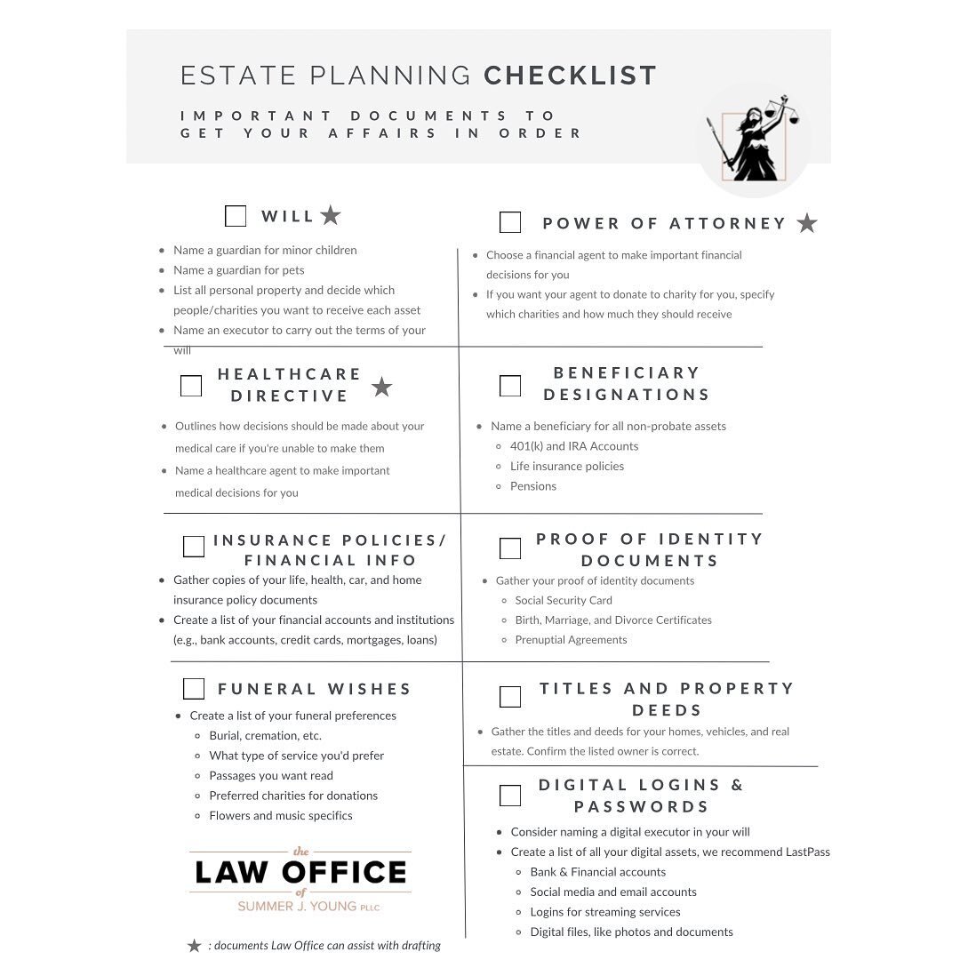 Check out the first document we share with all of our Estate Planning Clients, our Estate Planning Checklist! We have been happy to serve a number of clients in drafting and validating these documents. We recommend all people have at least their 1. W