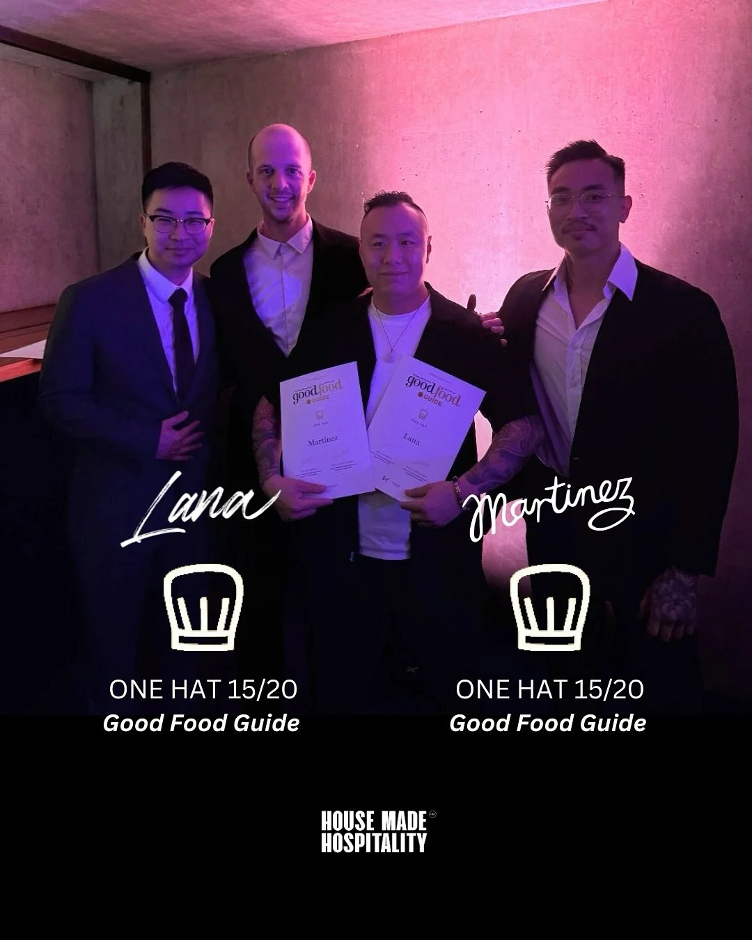 Last night chefs Alex Wong, Andrea Sonnate, Min Jeong and Peter Tran represented @housemadehospitality at the @goodfoodau awards. Both @lanadining & @martinez__sydney retained their hats in this year’s awards, both receiving a 15/20. 
Cong