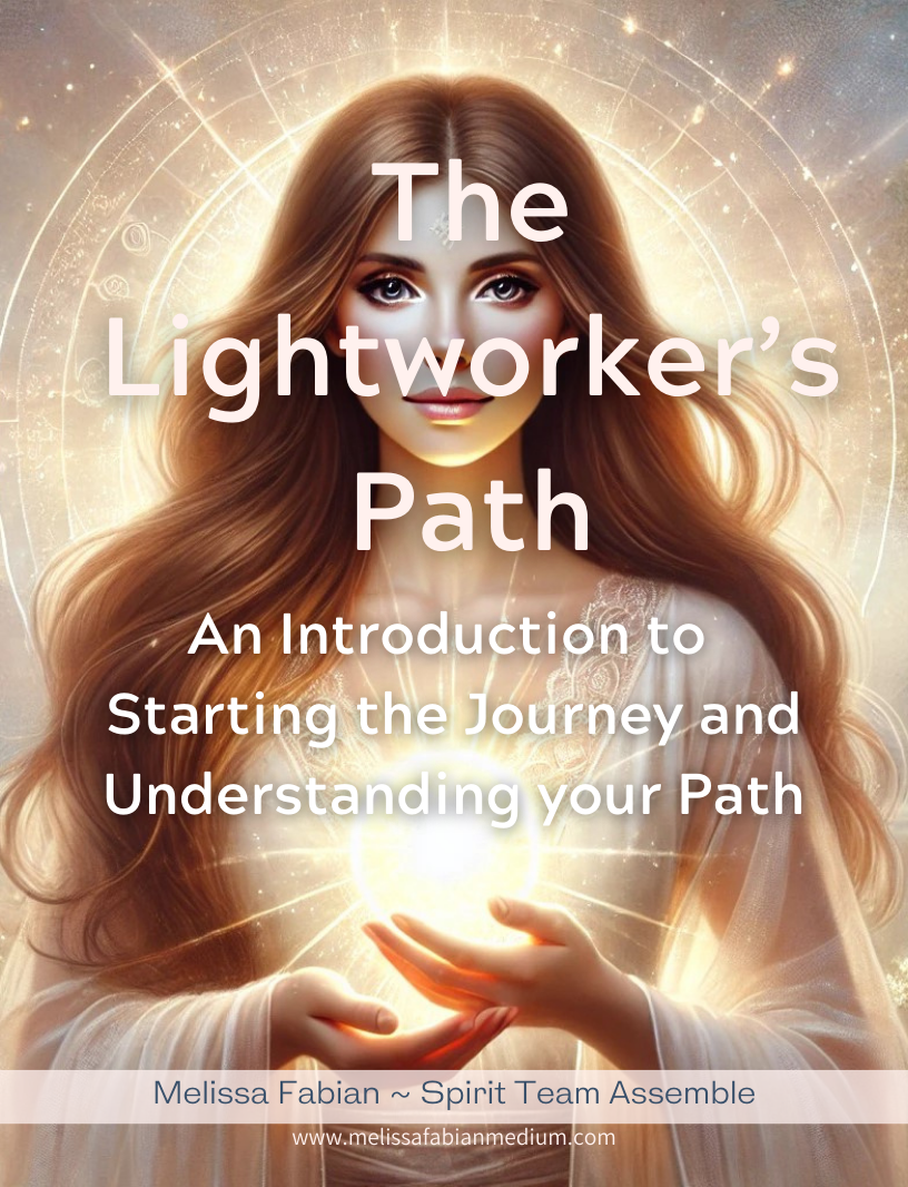 A woman with long, flowing hair holding a glowing orb of light, surrounded by a mystical, radiant background with celestial symbols. Text on image reads 'The Lightworker's Path: An Introduction to Starting the Journey and Understanding your Path' by Melissa Fabian.