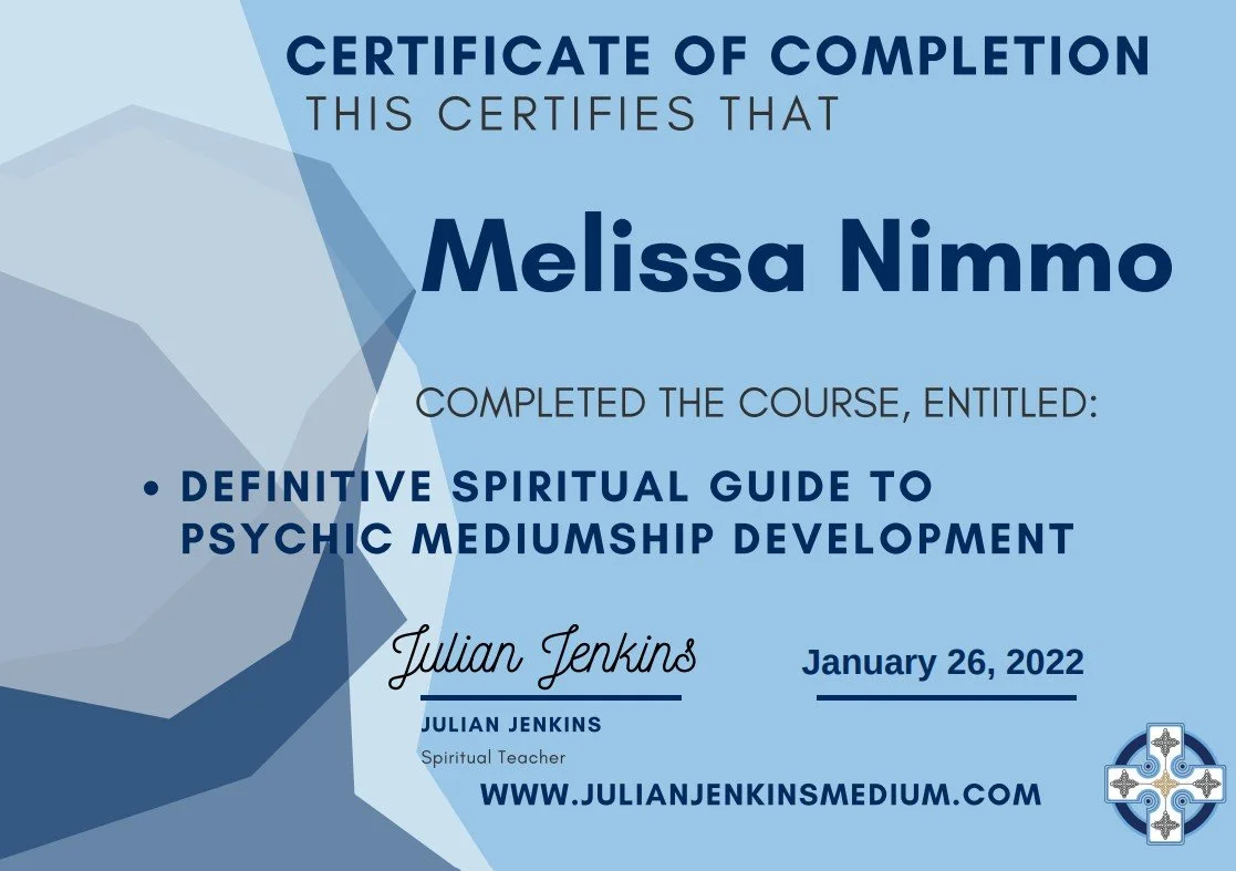 Certificate of completion awarded to Melissa Nimmo for completing a course on spiritual mediumship development. The certificate is signed by Julian Jenkins, a spiritual teacher, issued on January 26, 2022, and includes a website URL www.julianjenkins