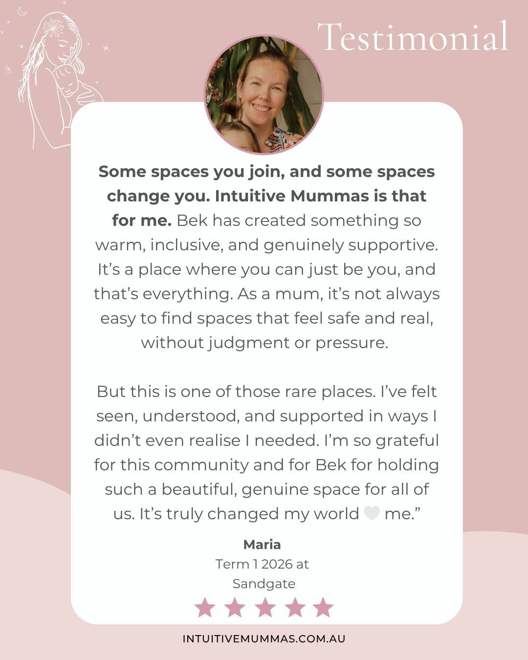 🌟⭐ INTUITIVE MUMMAS IS HIGHLY RECOMMENDED! ⭐🌟

I really want to highlight what Maria said during her experience on one of our sessions &ldquo;Some spaces you join, and some spaces change you&hellip; Intuitive Mummas is that for me.&rdquo;

THIS IS 