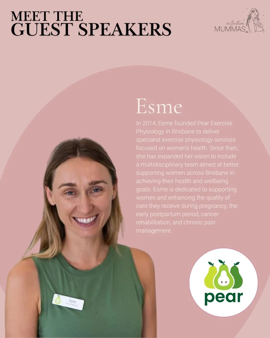 We&rsquo;re excited to introduce our guest speaker, Pear Esme&mdash;a passionate advocate for women&rsquo;s health and wellbeing. 💫

From pregnancy to postpartum recovery, cancer rehabilitation to chronic pain management, Esme has dedicated her care