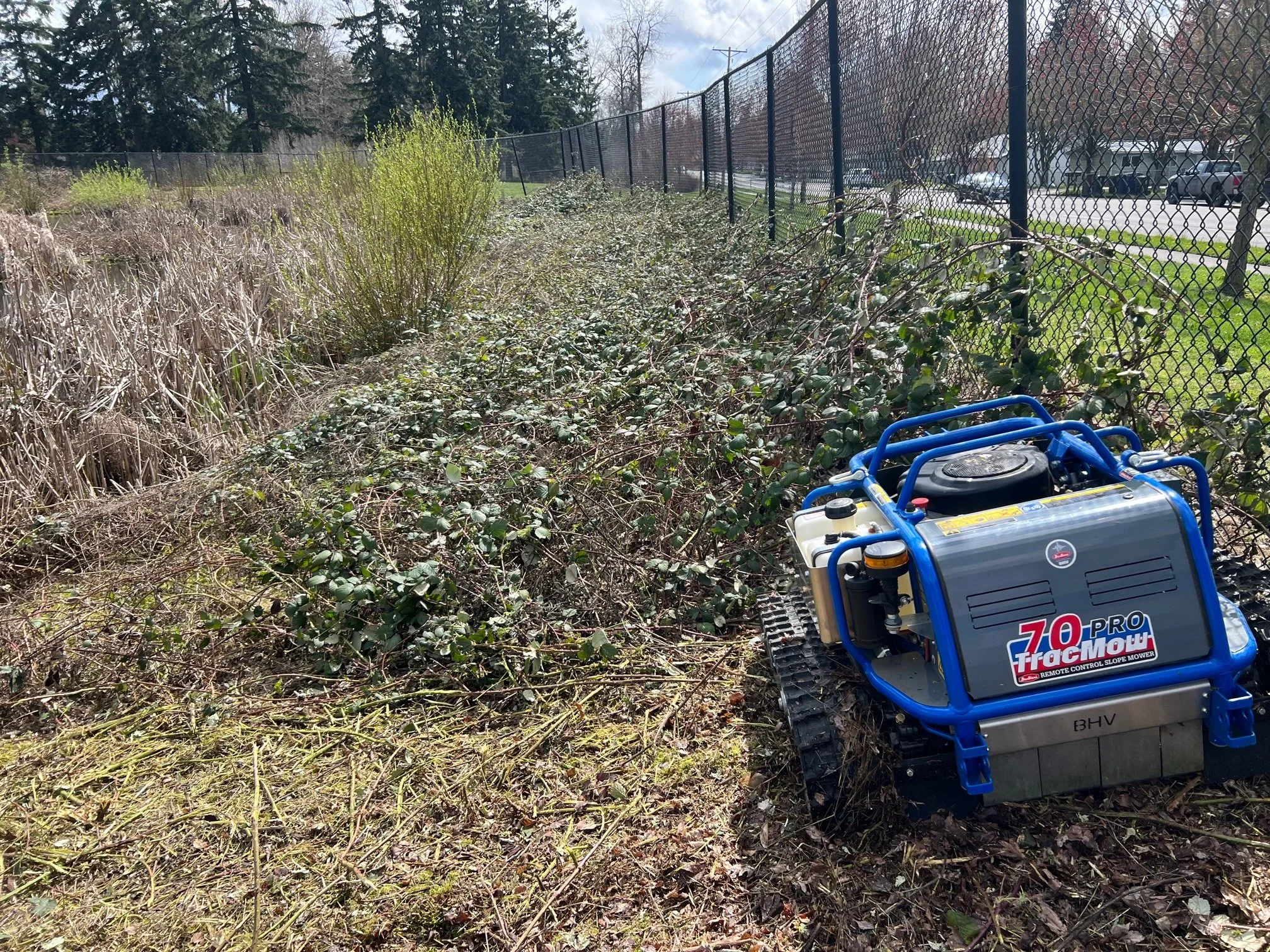 Lawn equipment in a yard with bushes, tall grass, a fence, trees, remote-controlled slope mower, and a cloudy sky.
