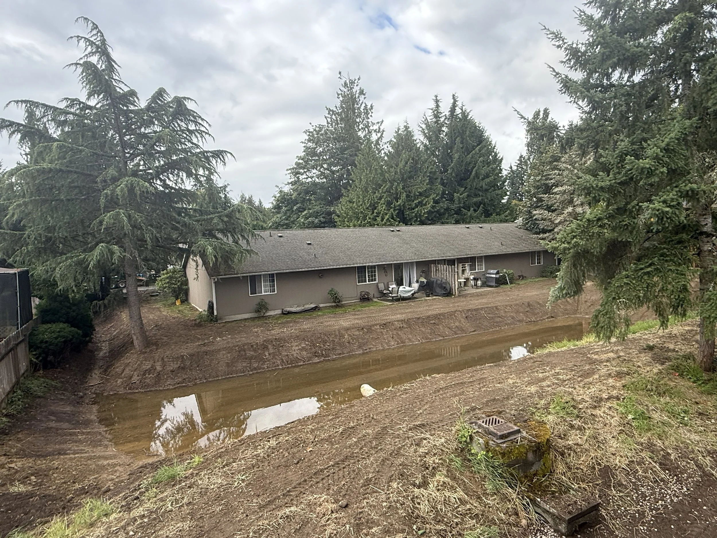 A backyard with a house, trees, and a small body of water, with cloudy sky overhead.