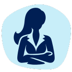 Blue silhouette of a woman wearing a jacket with crossed arms, set against a light blue background.