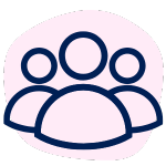 Icon of three people represented by simplified silhouettes on a pale pink background.