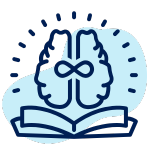 Open book with brain and infinity symbol, concept of endless learning.