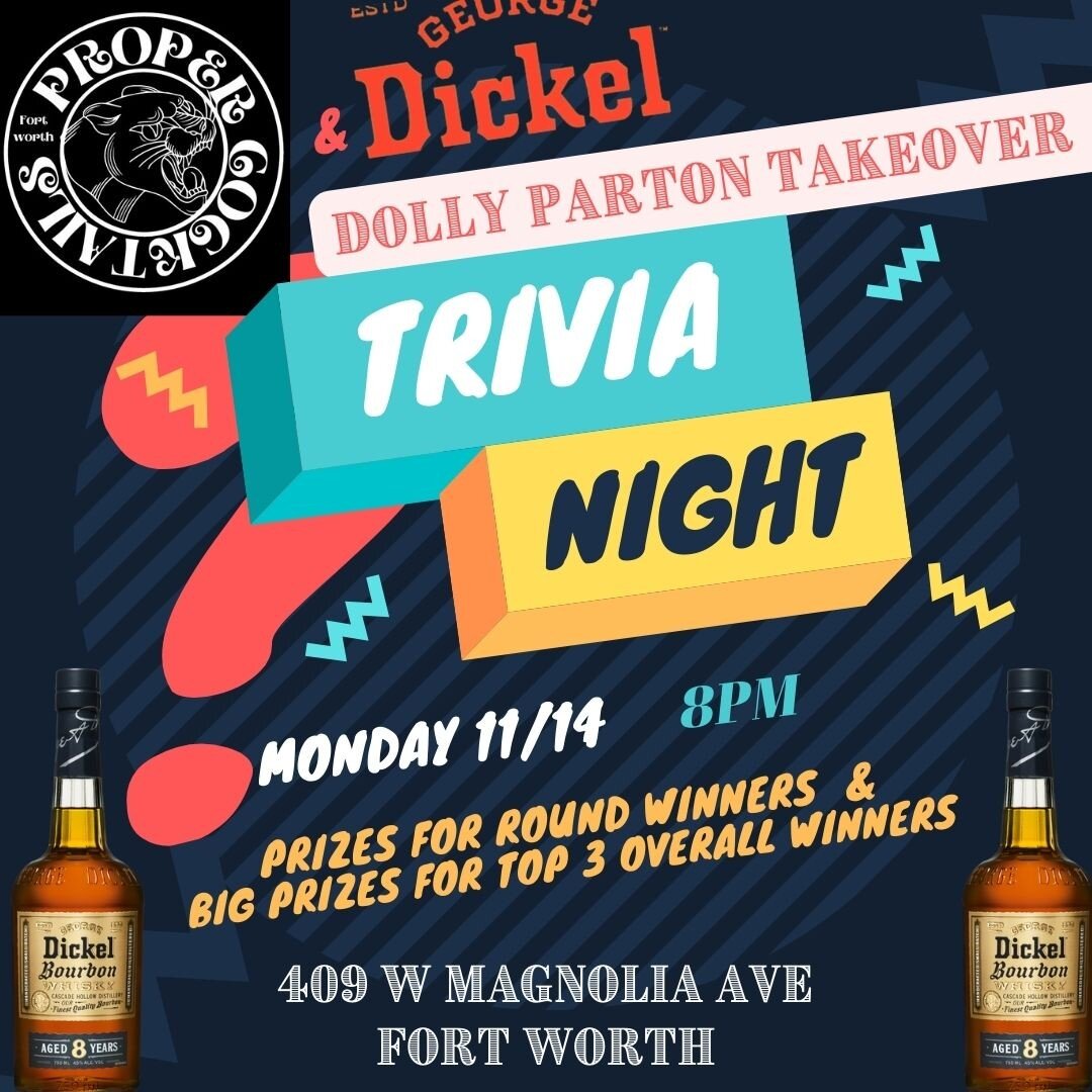 @propermagnolia is excited to partner with @georgedickel Bourbon for a night of fun trivia with Dickel swag, cocktails and Dolly Parton!

Come early to get a seat. Teams up to 6.
Prizes for round winners.
Special prizes for top overall winners.

@the