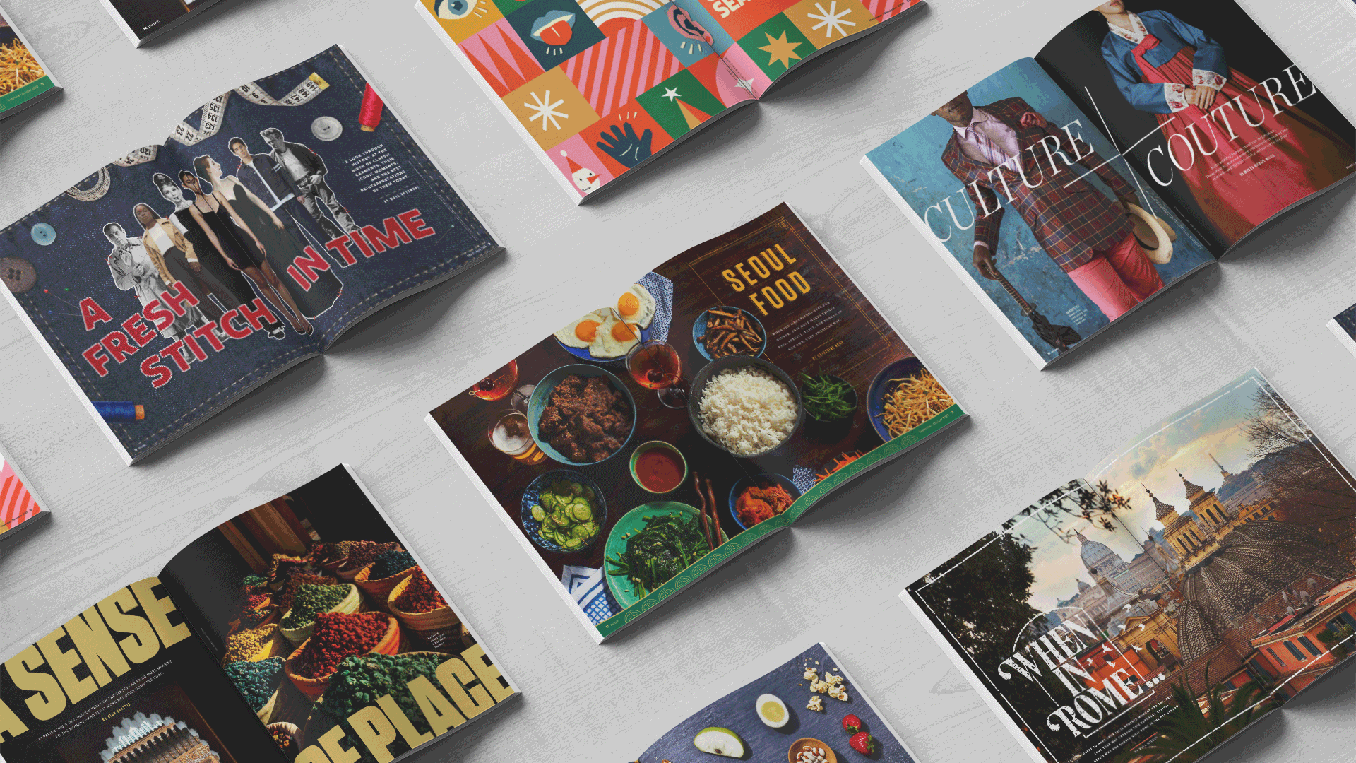 A collection of open magazine spreads featuring travel destinations, tasty cuisines, fashion trends, and more.