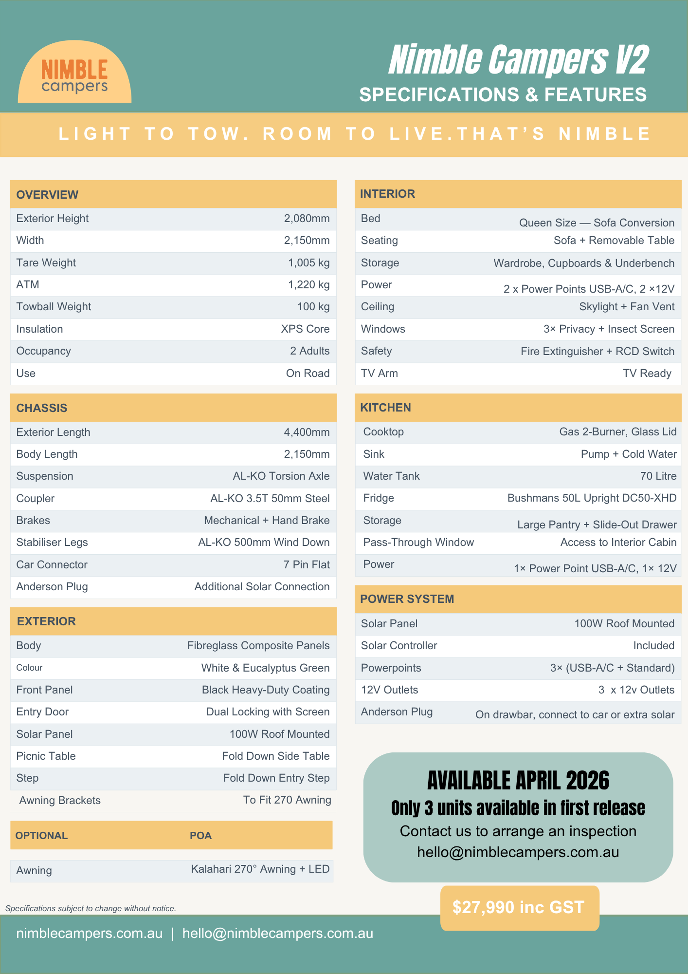 Product specifications sheet for Nimble Campers V2, a lightweight camper with interior and exterior details, chassis information, kitchen features, power system, optional extras, and contact details.
