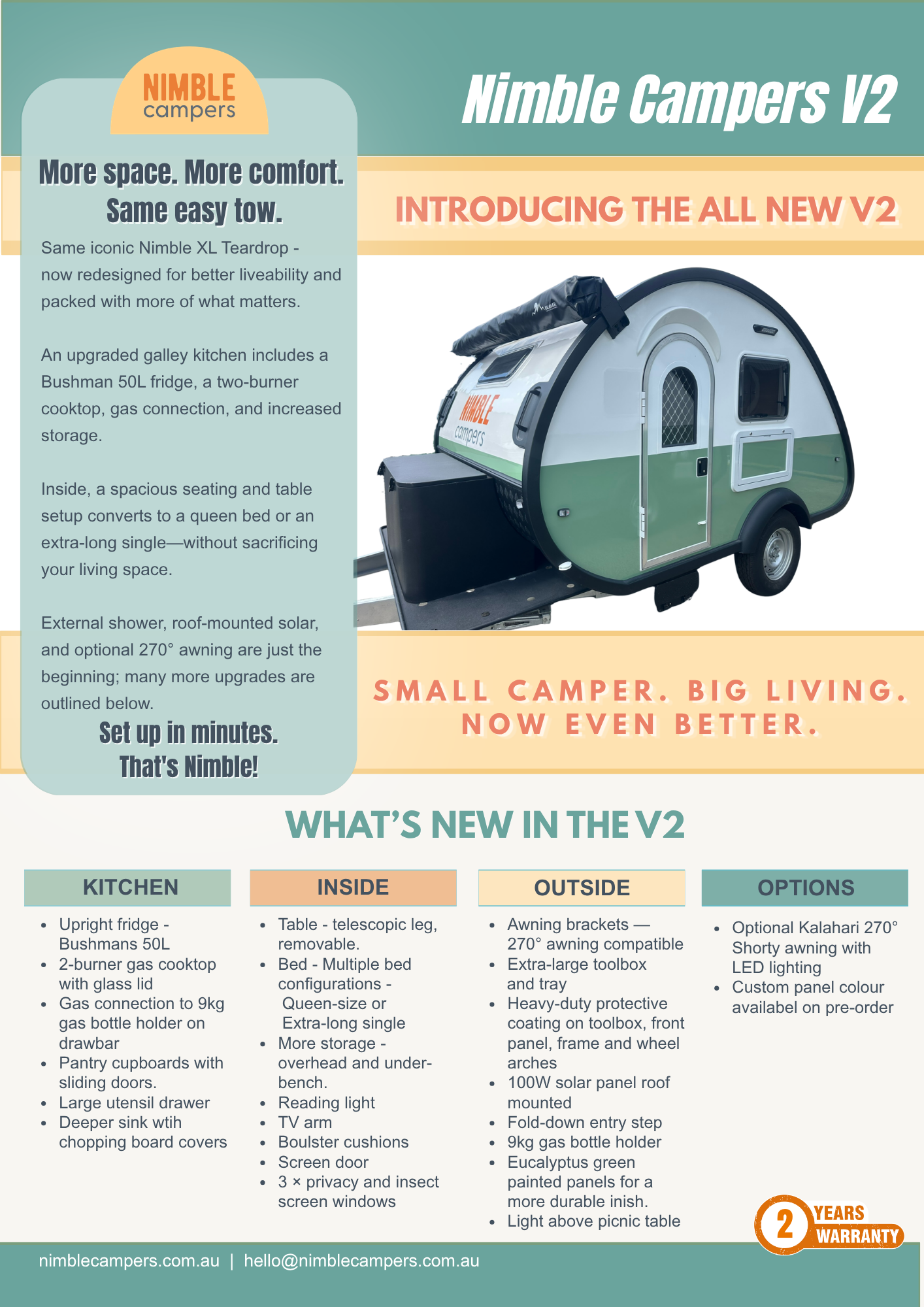 Flyer for Nimble Campers V2 teardrop camper with a photo of the camper, promotional text highlighting features and upgrades, and a detailed list of specifications for the kitchen, inside, outside, and options.