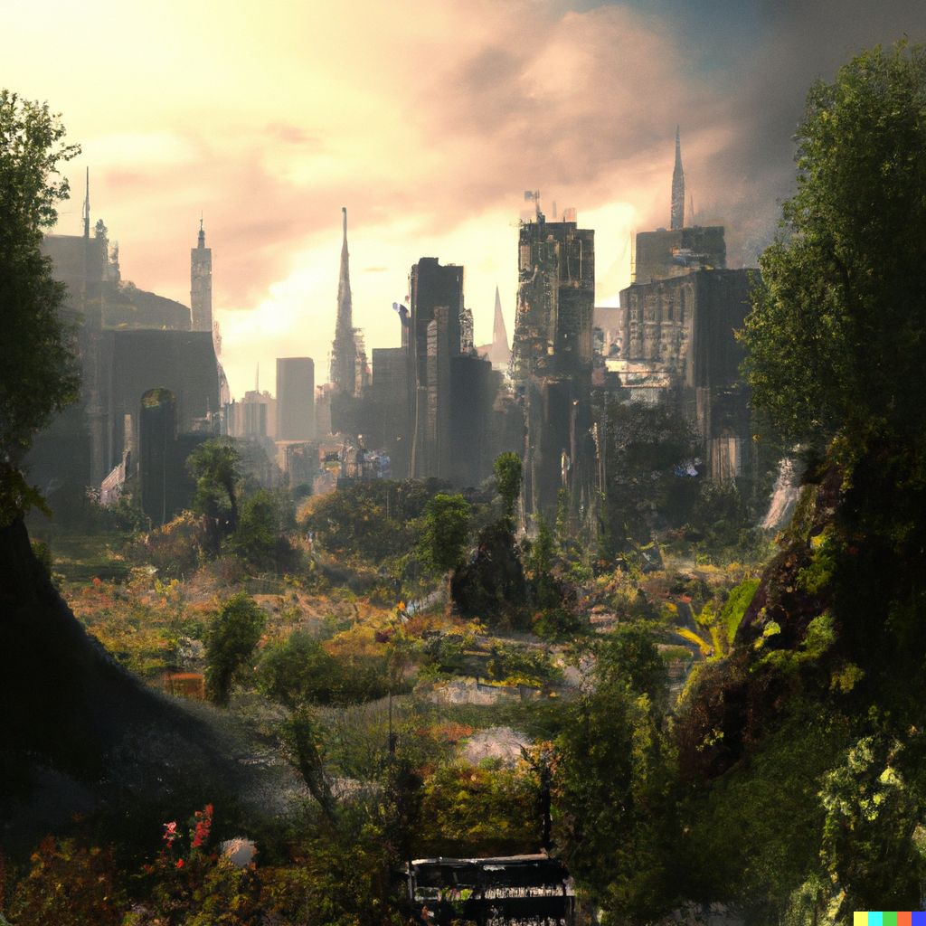 DALL·E 2022-12-18 21.54.38 - A post-apocalytic world where nature has reclaimed the land, with overgrown forests and abandoned cities.