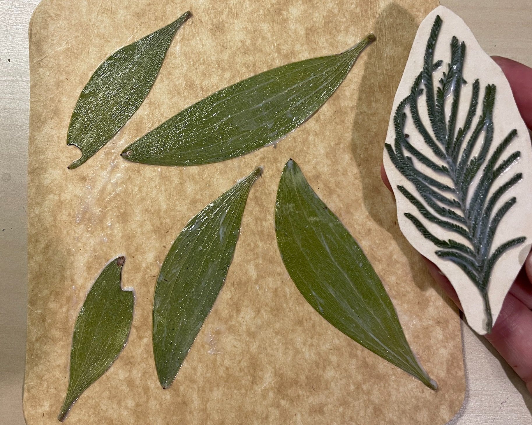 Gluing other plant material to card with glue painting/texture behind.