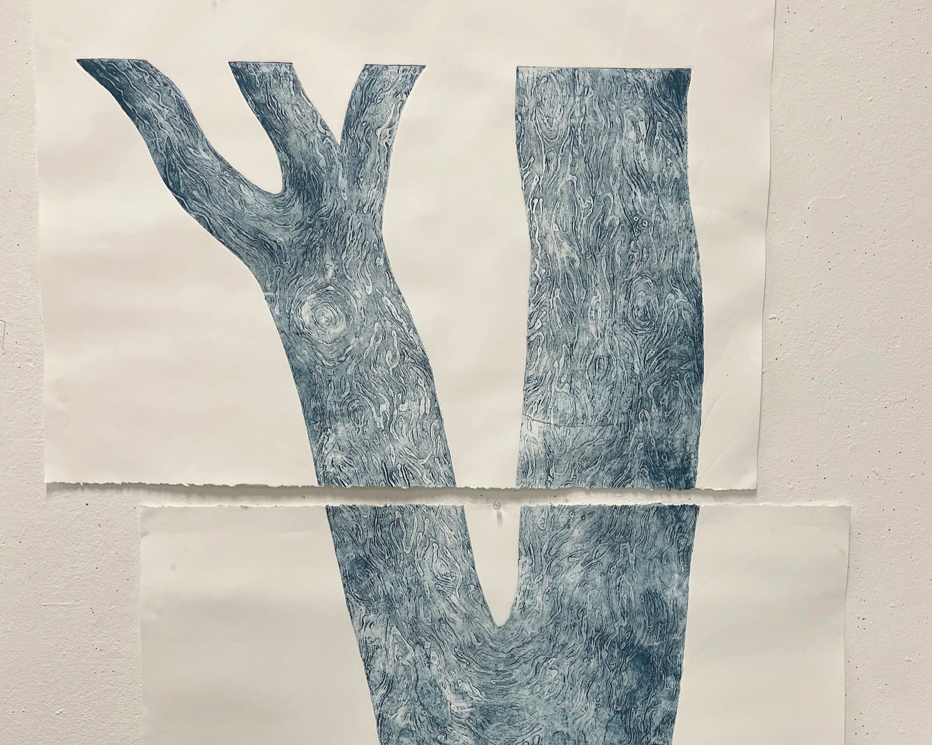 The result - this is one of two lots of prints I got off my tree plate (didn’t take pictures of the other one which was ghost printed with relief and kept for the final installation). After a long discussion about installation and composition for th