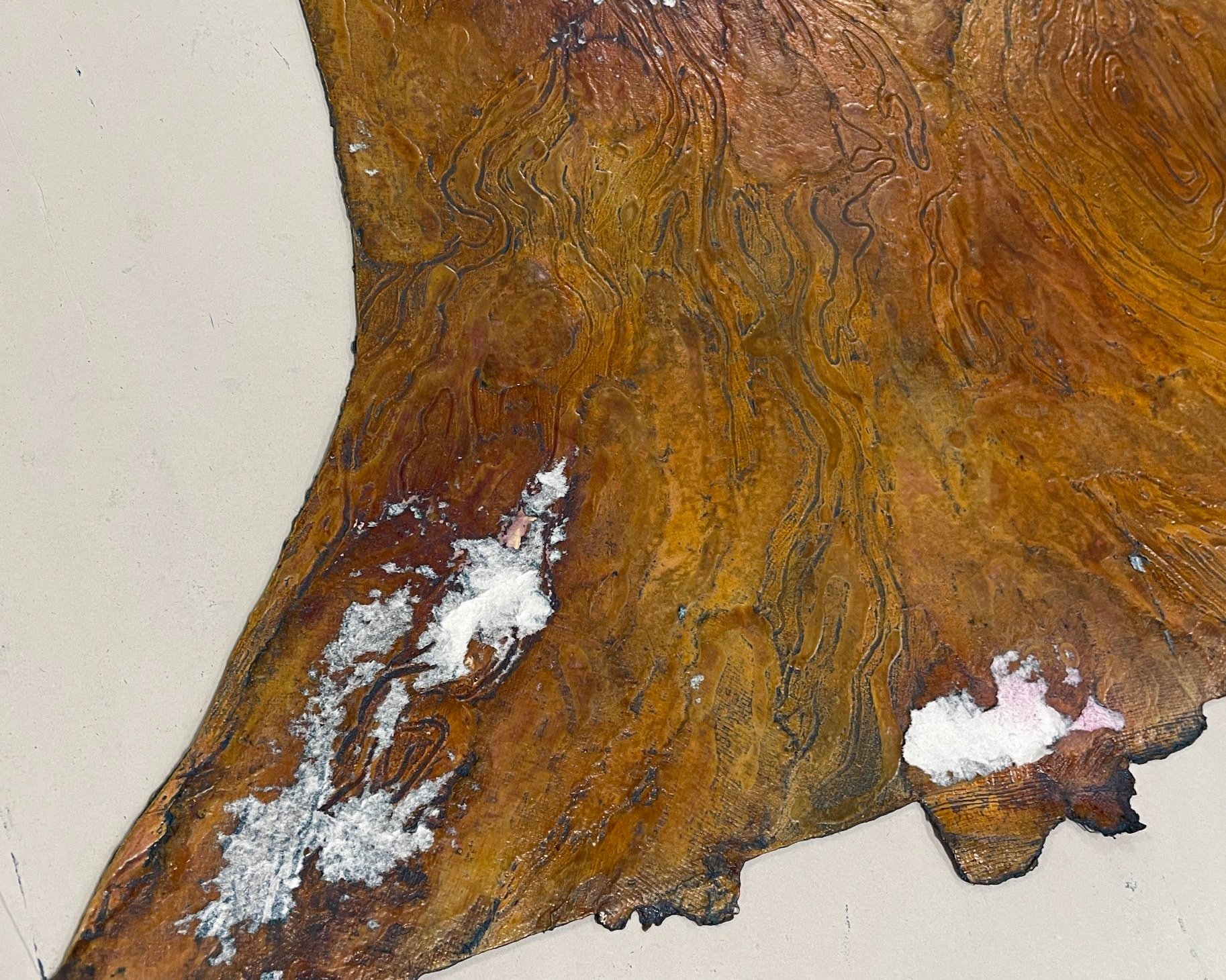 Where my plate stuck to paper - hoping to re shellac and repair so I can try out other print experiments another time.