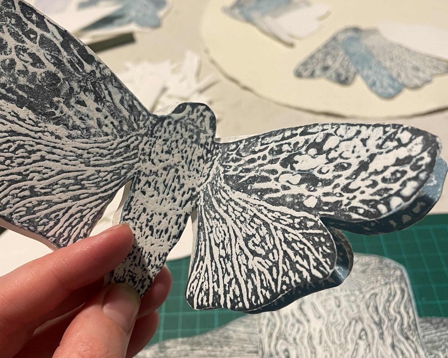 Thinking about how I would assemble them with the final work - to stick them on with archival tape, pin them, or fold up their wings to look like they’re in motion.