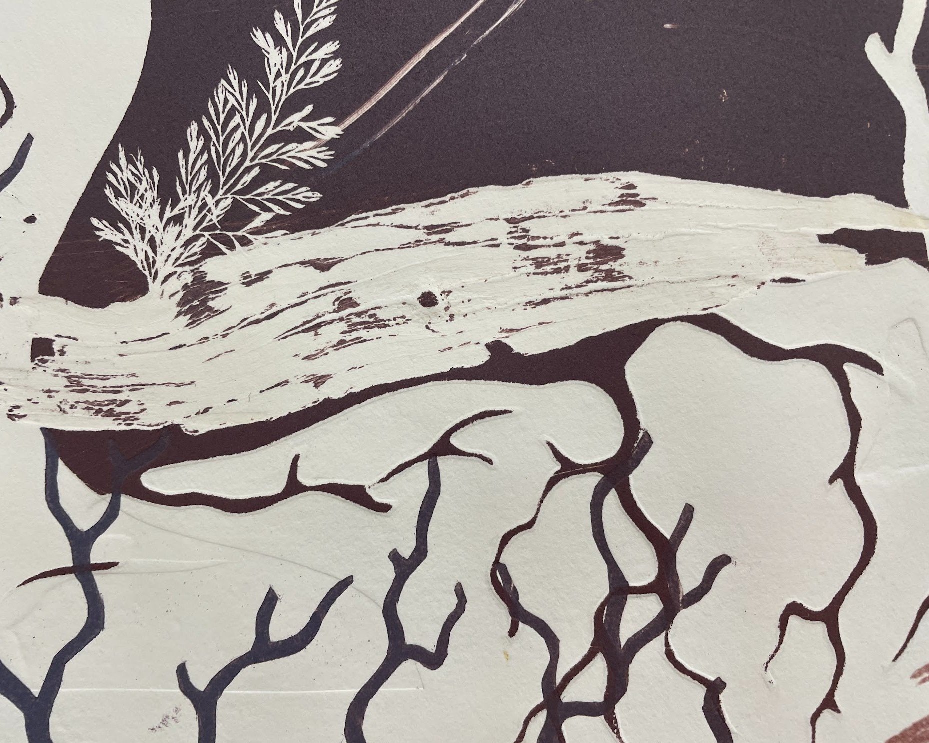 Detail of bark with tree stencil - my stencils have taken on the role of tree, tree roots and also vein like structures.