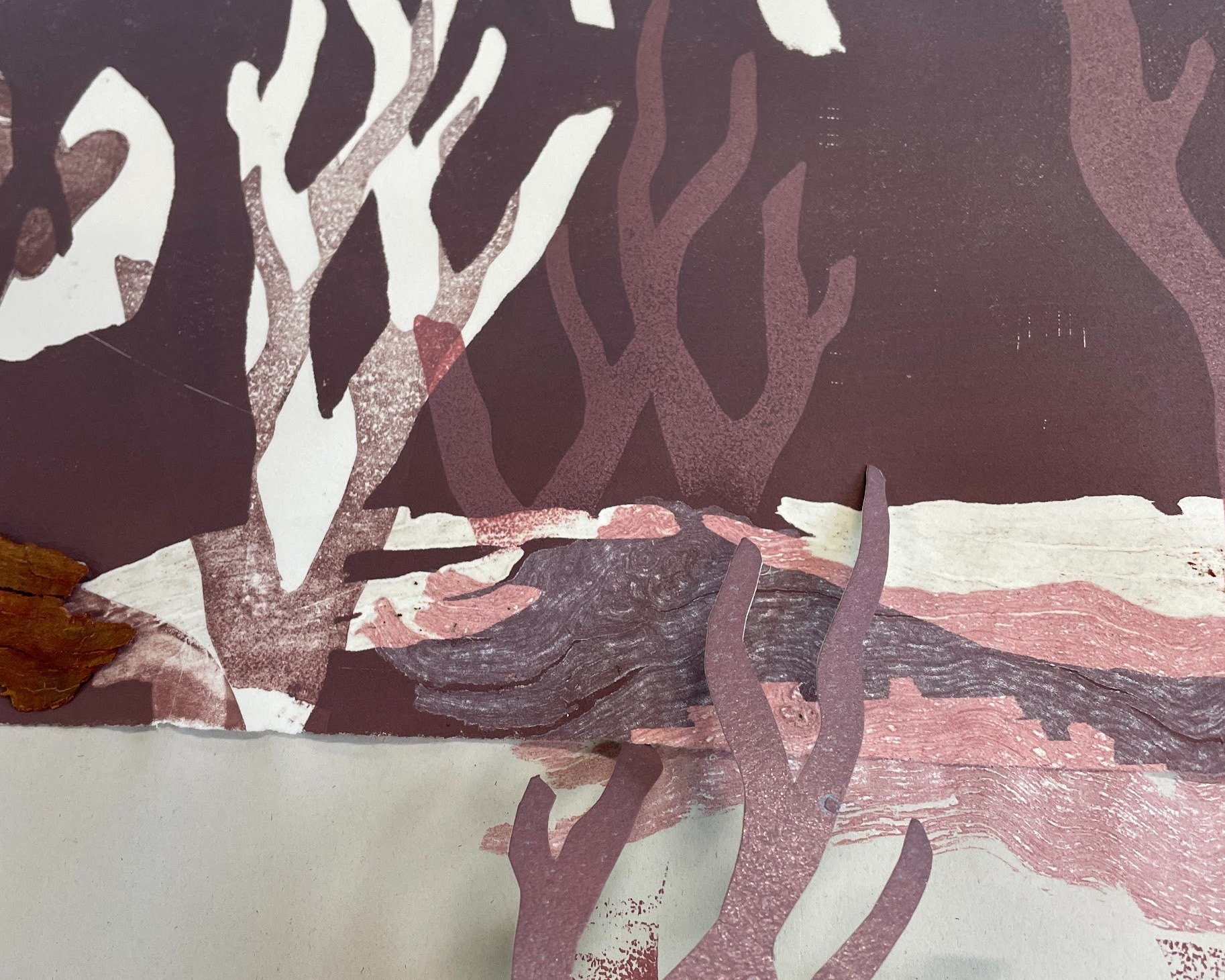 Printing a dusty, light pink on my darker prints to soften some areas and unify them a little more with my ghost prints.