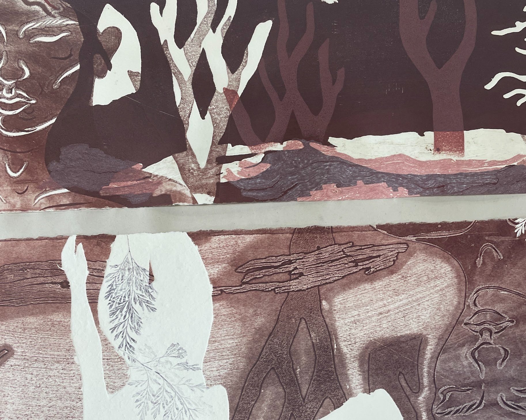 At the time, I was still considering presenting an inverted print below so was trying to mirror the edges with bark detail and inverted trees.