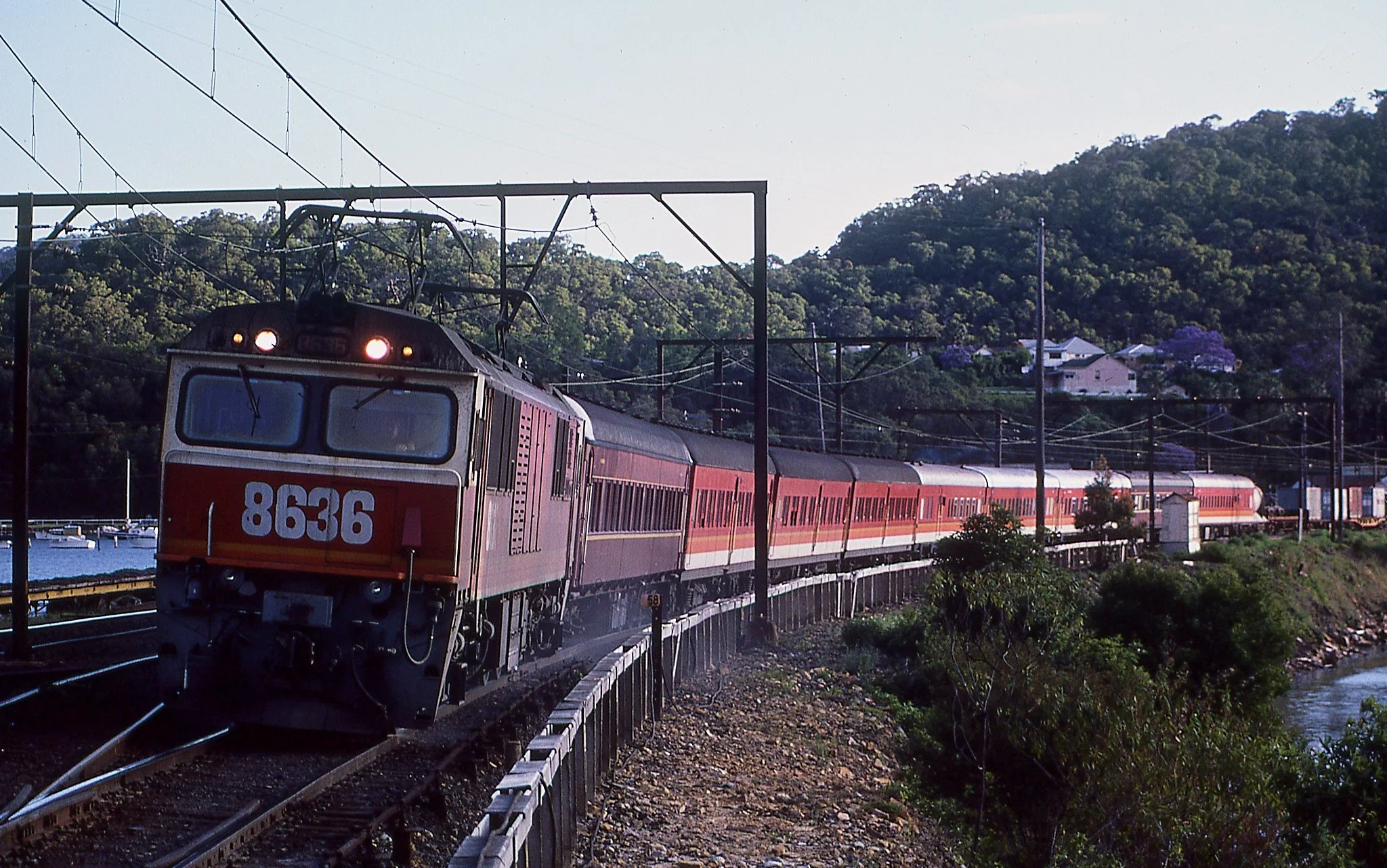 8636 Newcastle Flyer at Hawkesbury River. November 1986