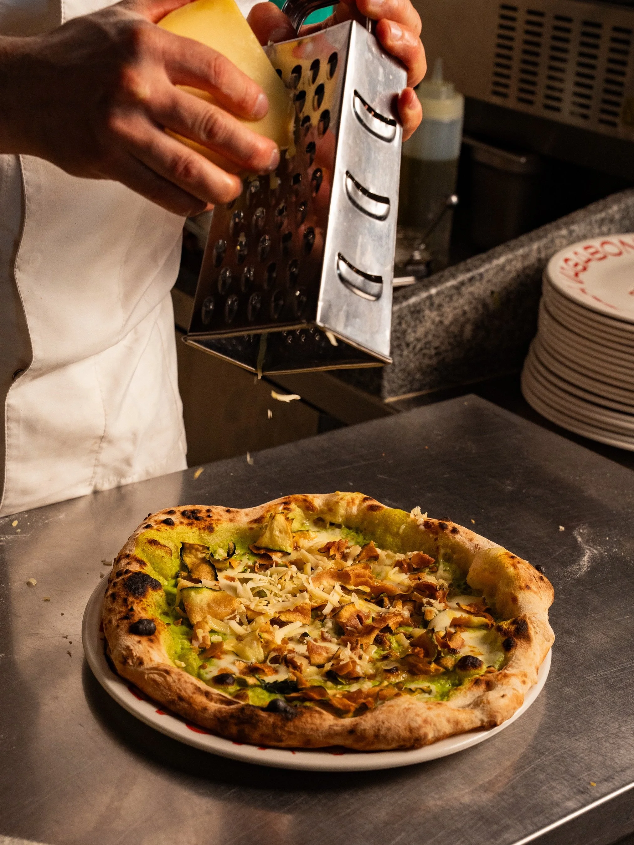Pizza of the month - Nerano.
It is made with Fior di Latte di Agerola, Zucchini puree, Fried Zucchini chips, and shaved Provolone del Monaco.
Available at Pizza Vagabond till the end of June.