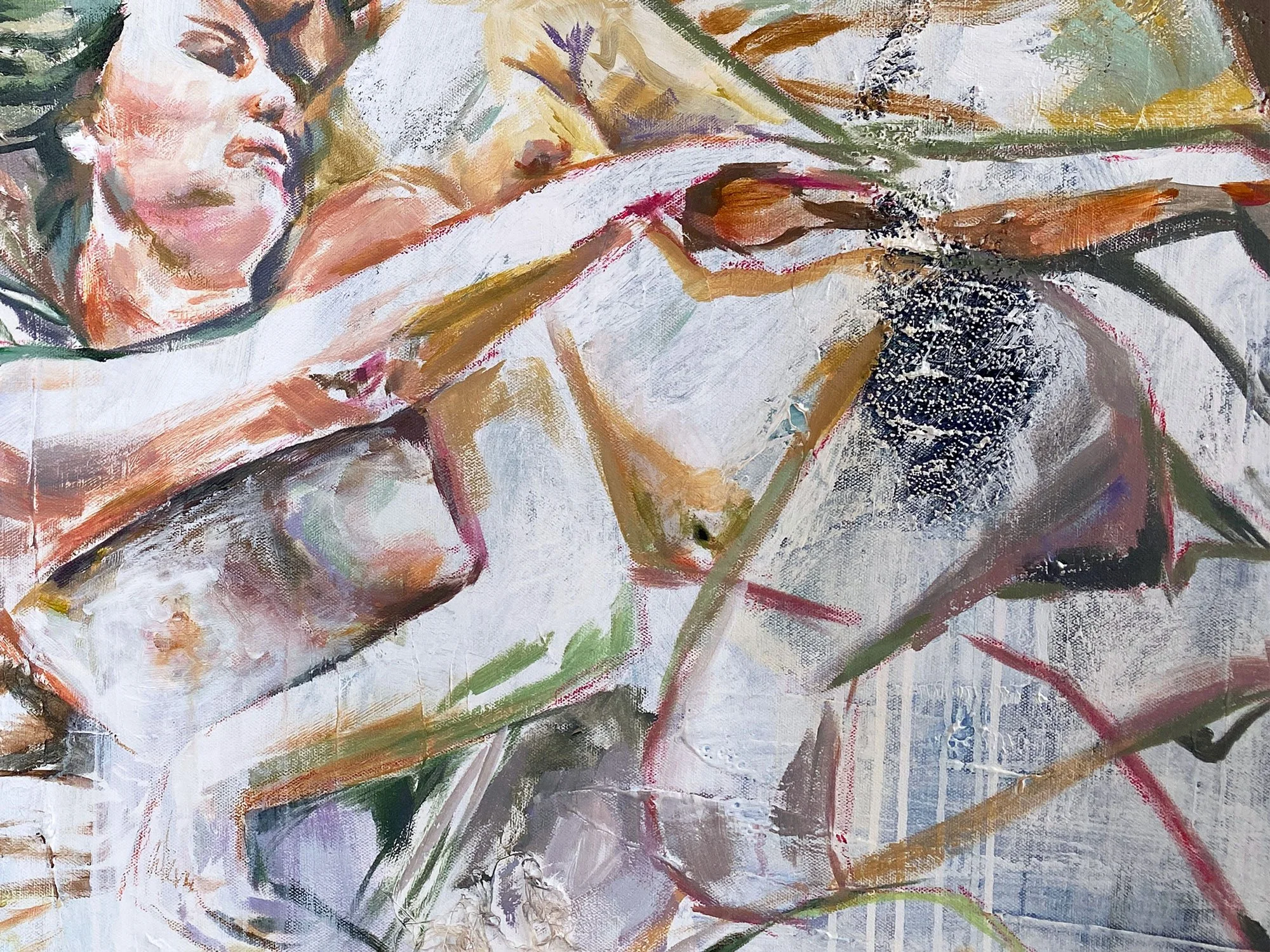 Detail of Where We Overlap showing the bodies of two figures on a bed