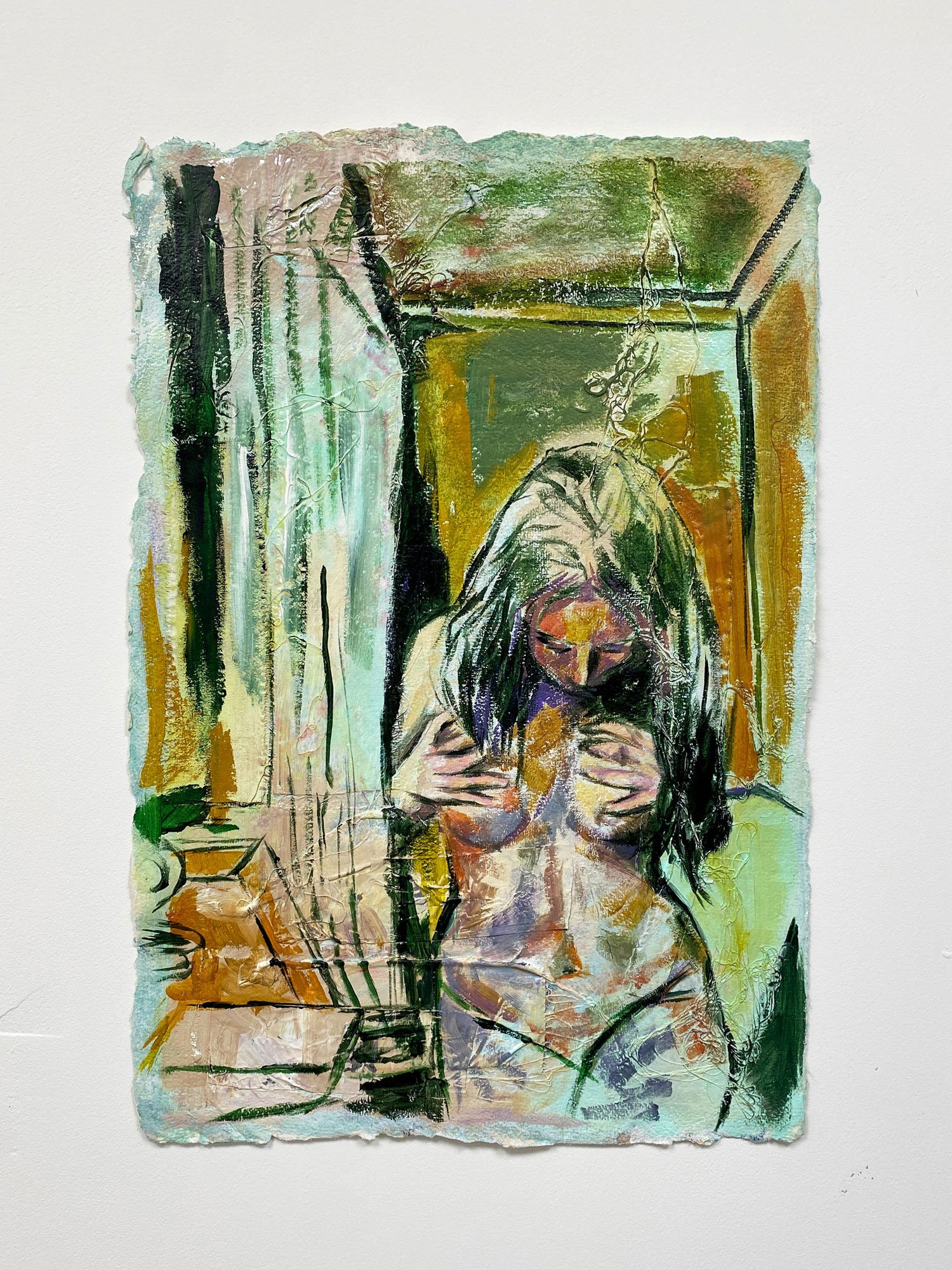 How Did I End Up Here?, Acrylics, pastel, string, aluminum tape, and calico strips on paper, 16.5 x 23.4 in (A2)