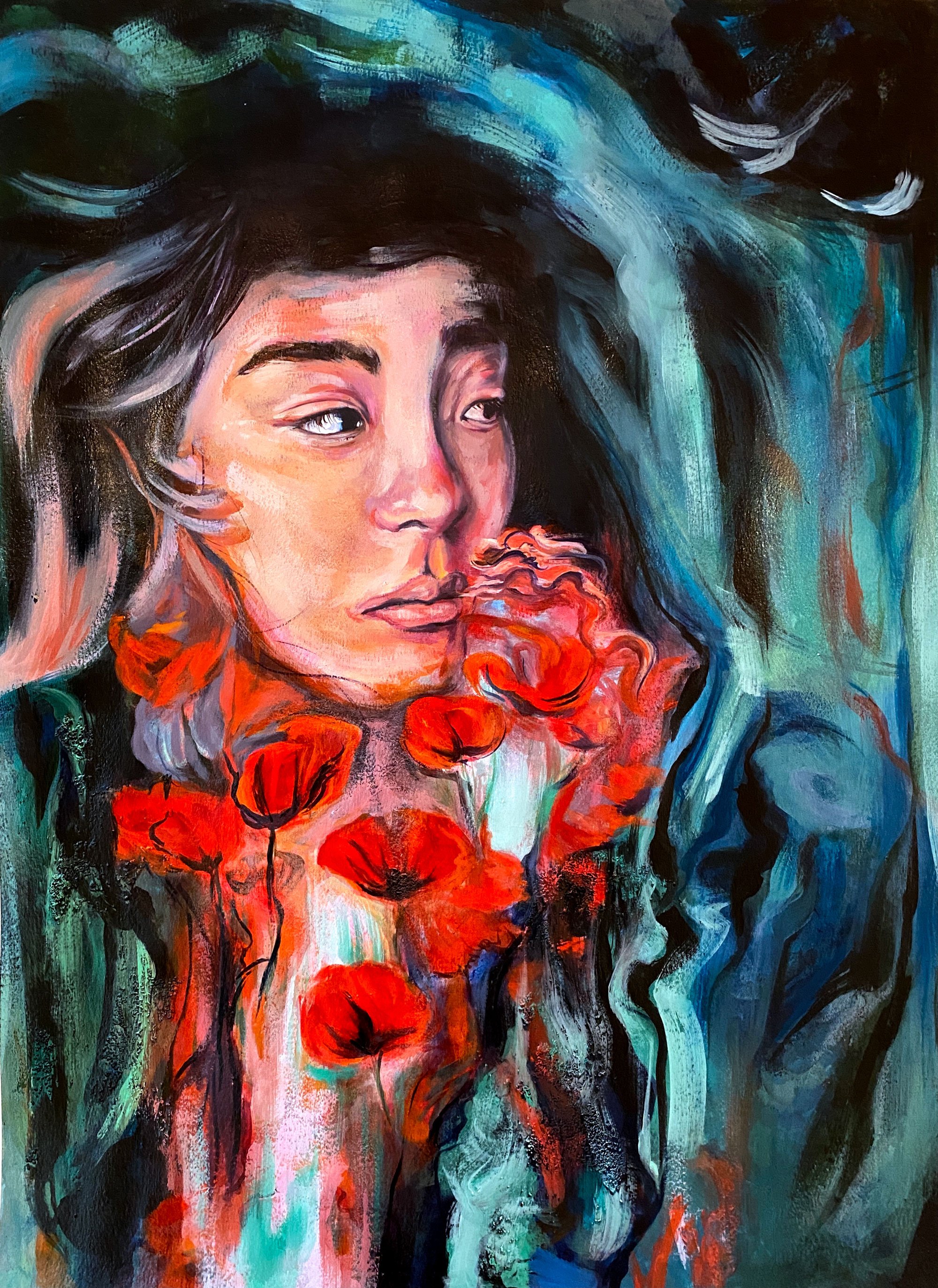 Pensando, Acrylic and oil on paper, 23.4 x 33.1 in (A1)