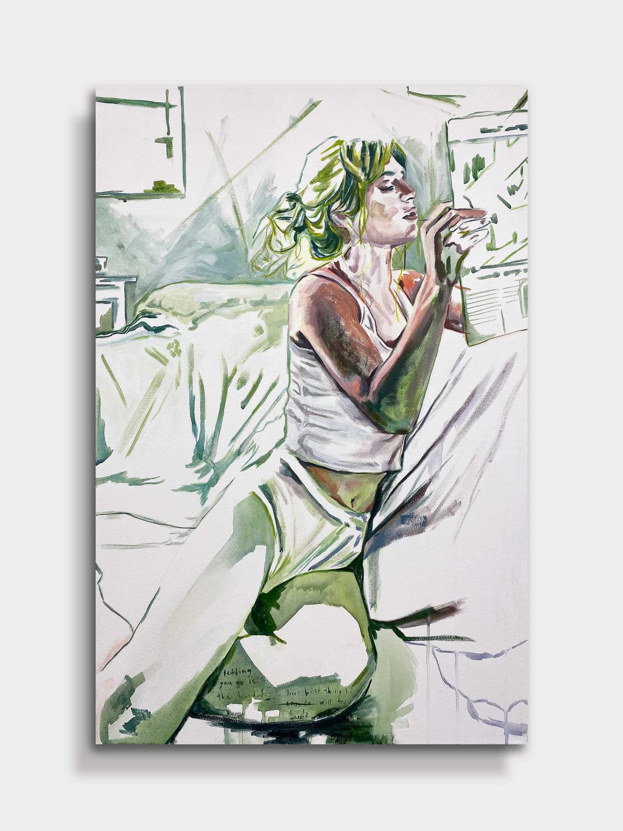 A mixed media contemporary painting of a woman with blonde hair reading a paper or magazine in a bedroom, wearing a white tank top and shorts, with a bed and nightstand in the background.