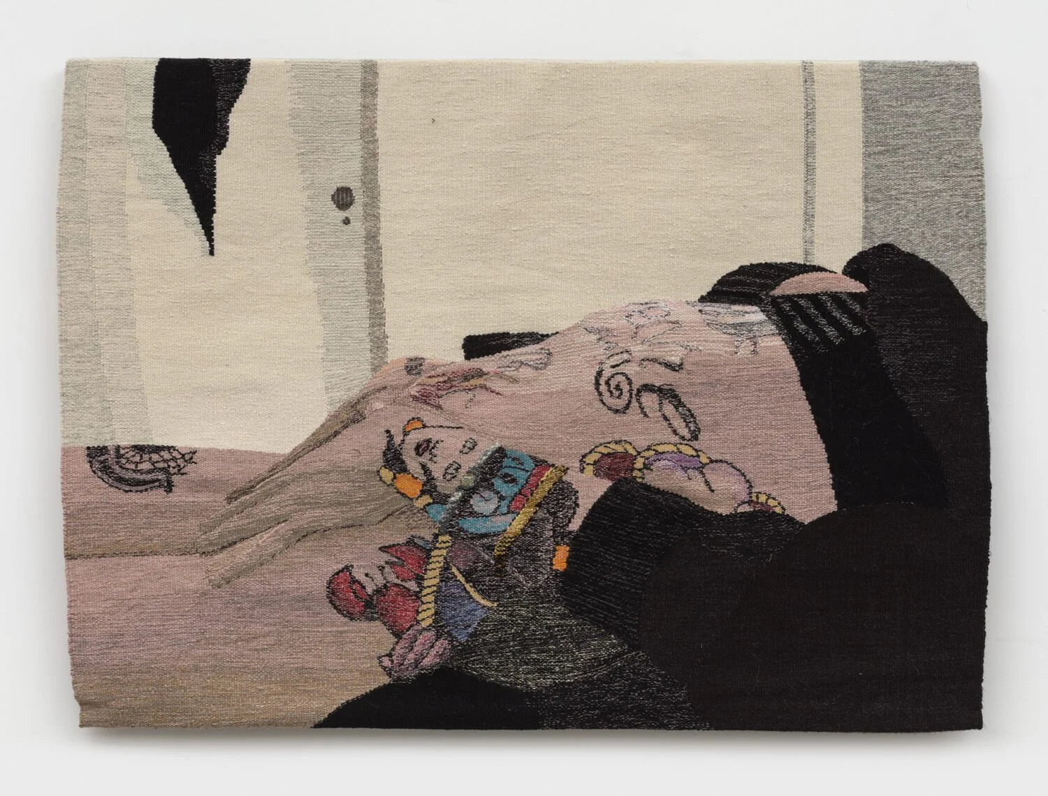 Woven tapestry by Erin M. Riley depicting a tattooed figure’s torso and hands in intimate detail.