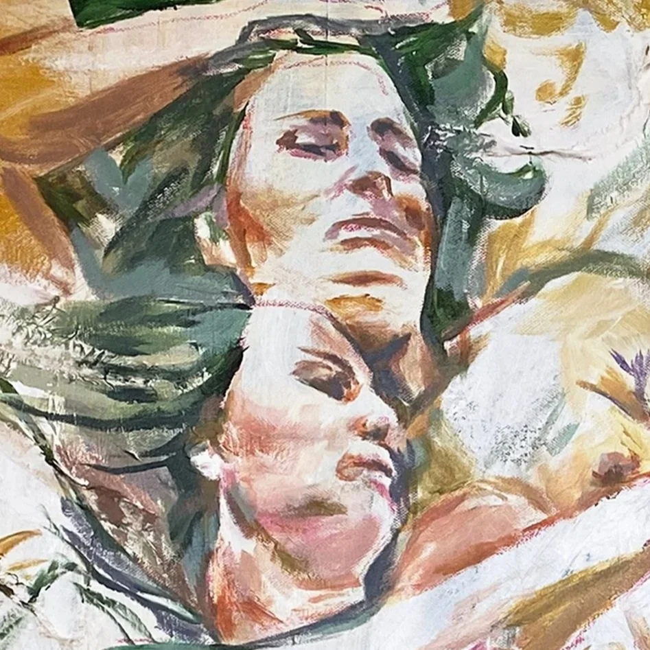 Close-up detail of Where We Overlap showing two portraits of figures