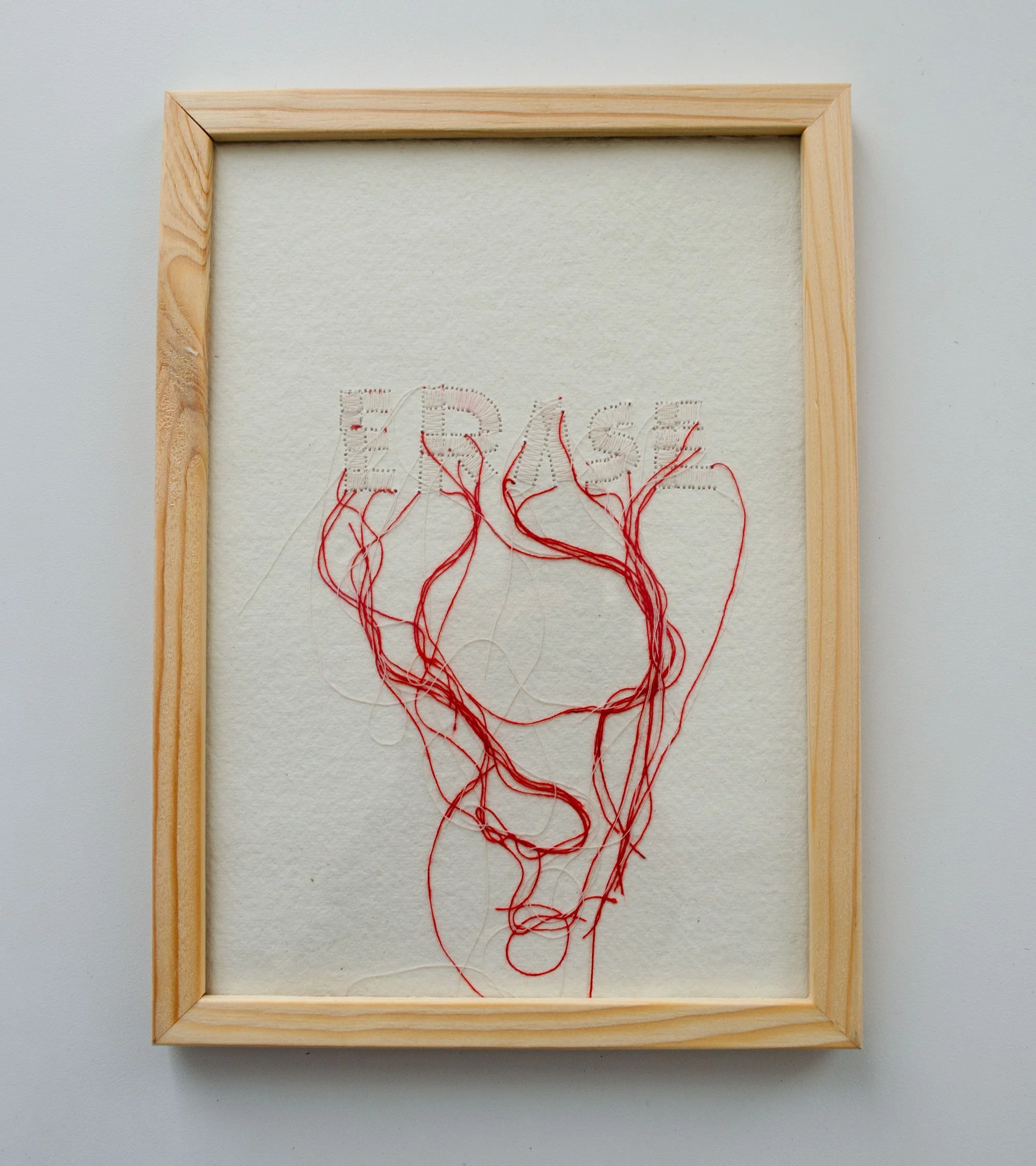 "Erase Red" Stitched Text Art on Handmade Paper