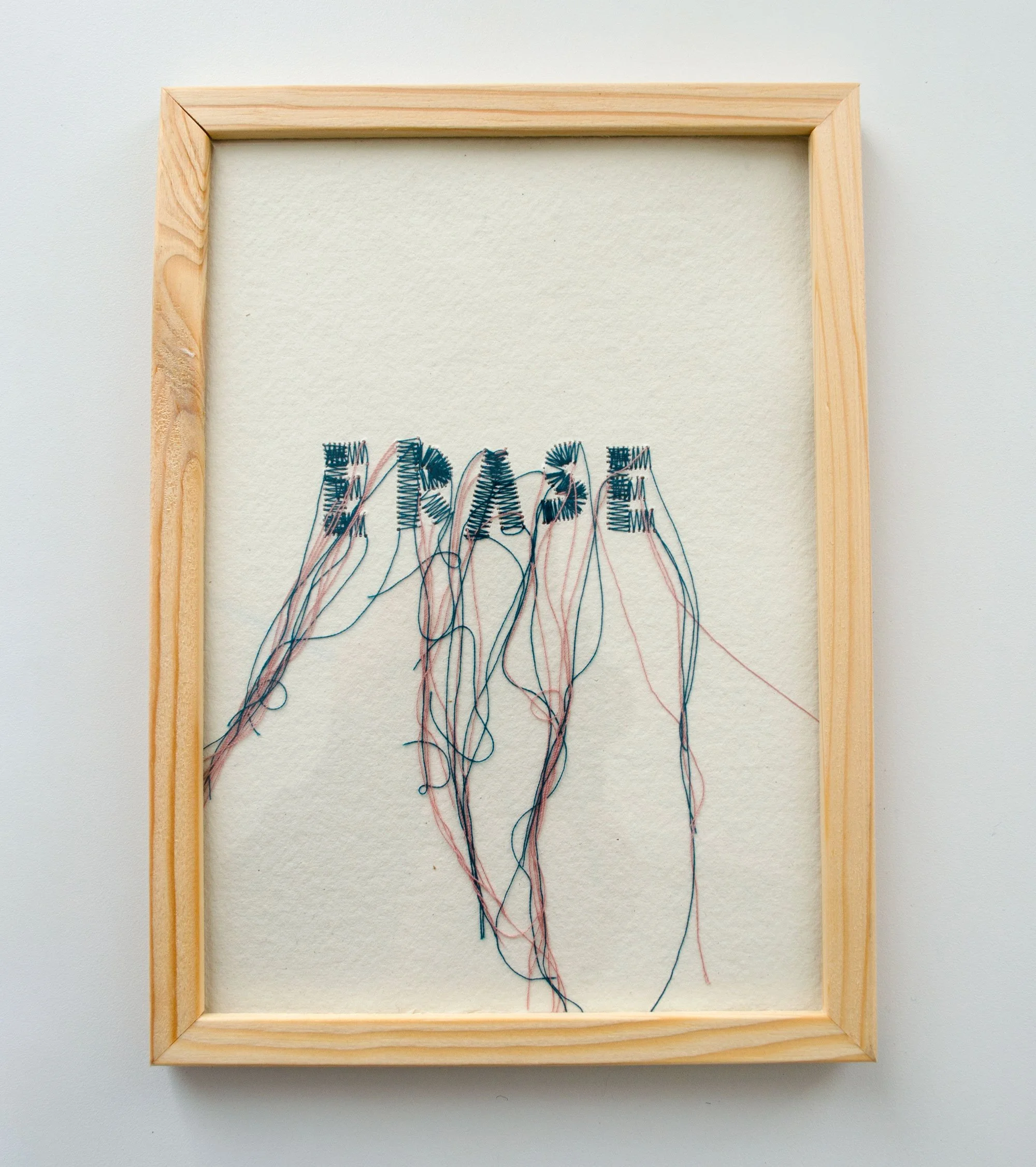 "Erase Turquoise" Framed Stitched Text Art on Handmade Paper