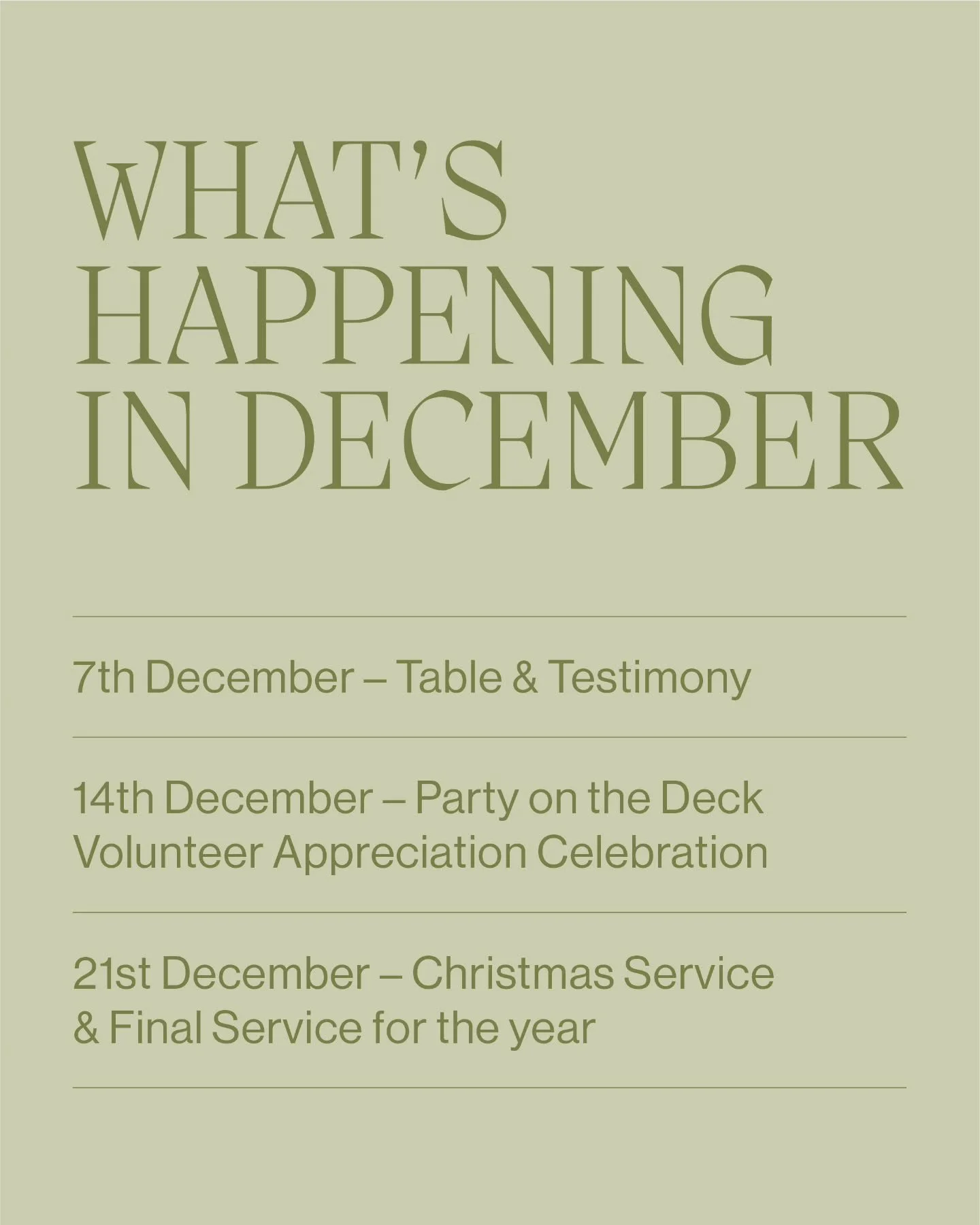 What&rsquo;s coming up at Steeple this December.

We&rsquo;ve got a beautiful month ahead as we gather, celebrate, and wrap up the year together.

Tomorrow &mdash; Table &amp; Testimony
A special Sunday for connection, and shared food. Bring a plate 