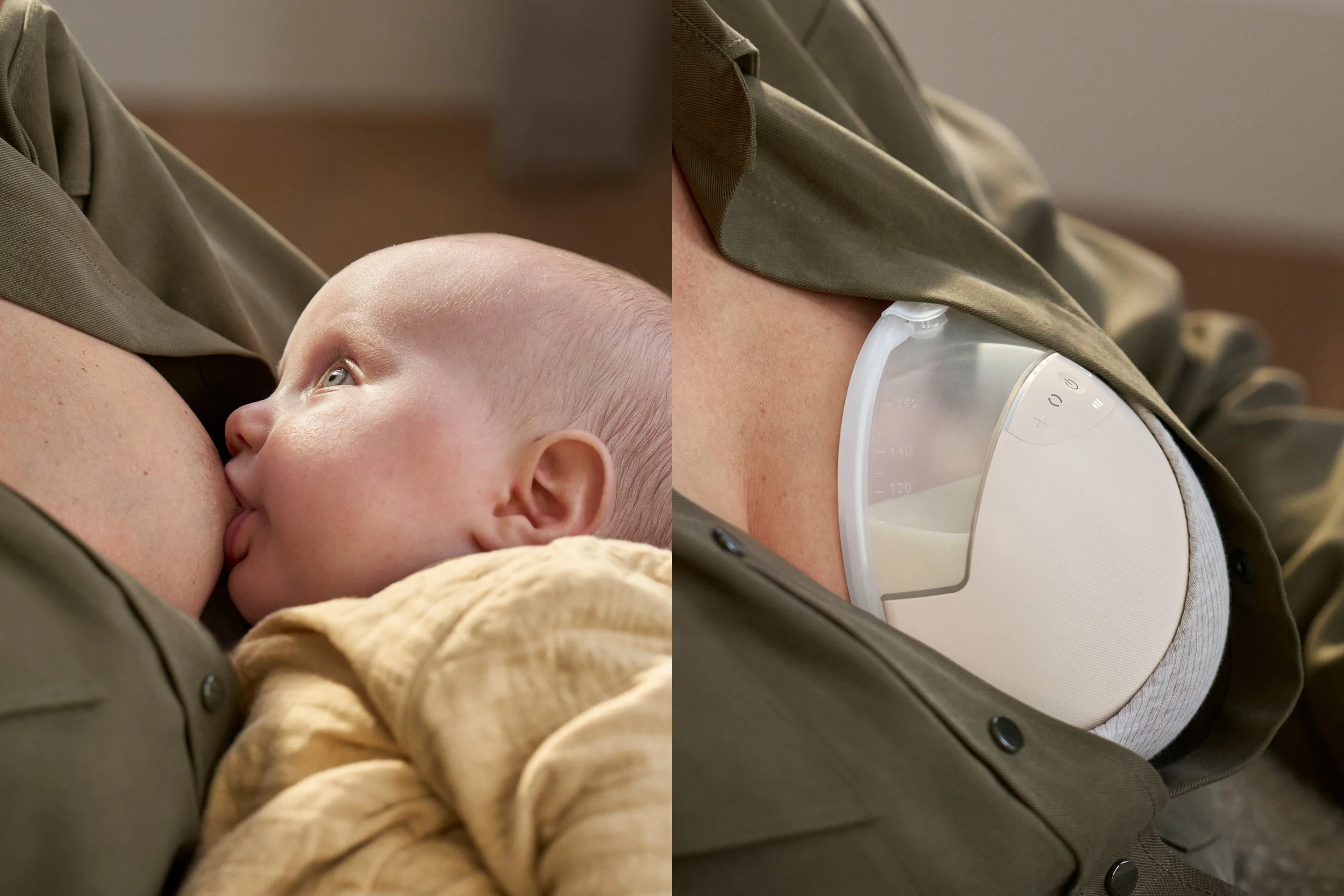 Split screen of a mother breastfeeding her baby at home against the use of a handsfree breastpump, highlighting the comfort of baby’s natural feeding rhythm. |

Philips Mother & Baby