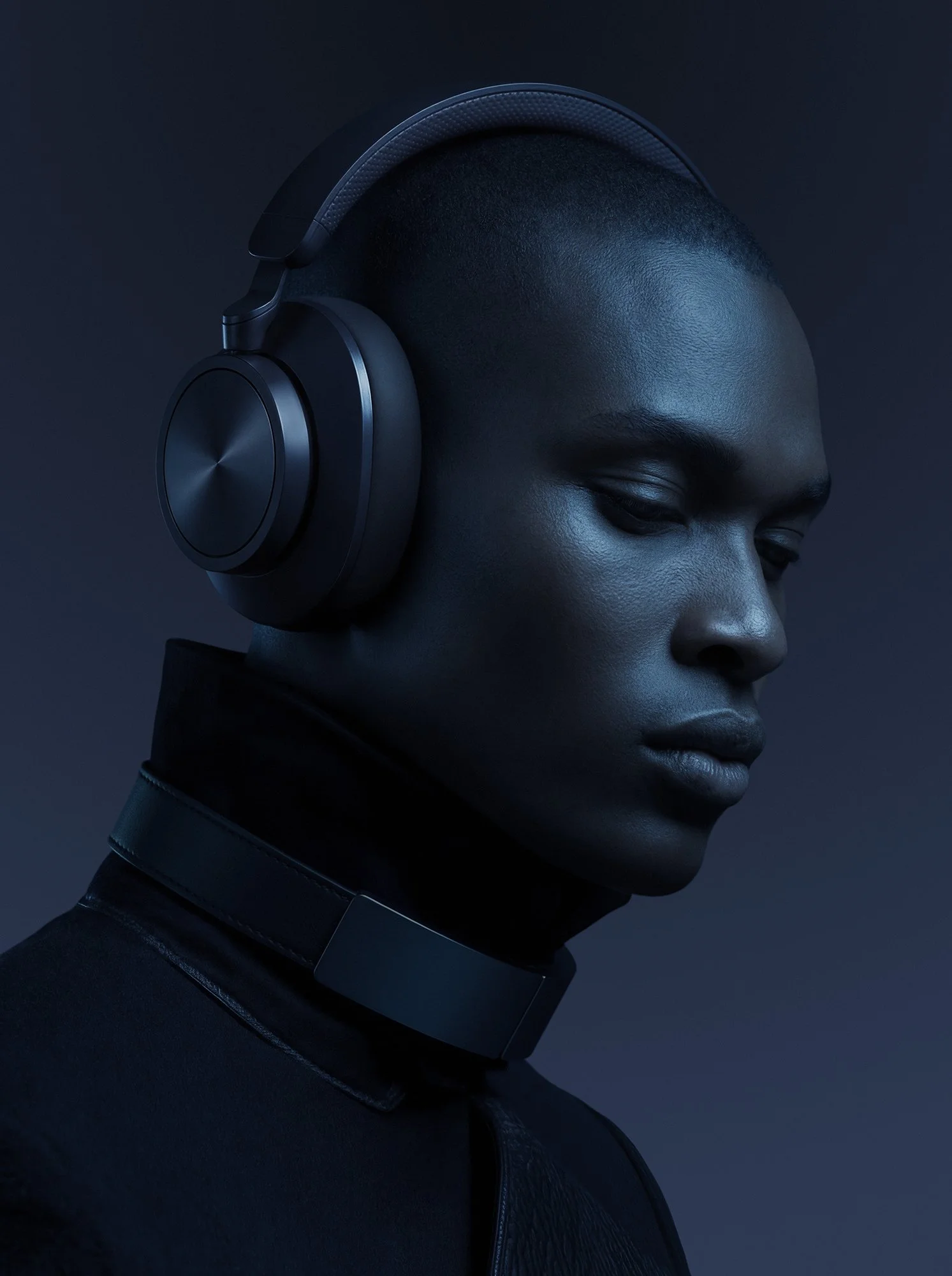 Portrait of a man wearing wireless over-ear headphones in a dark studio setting, AI-generated visual refined with professional Photoshop editing.
