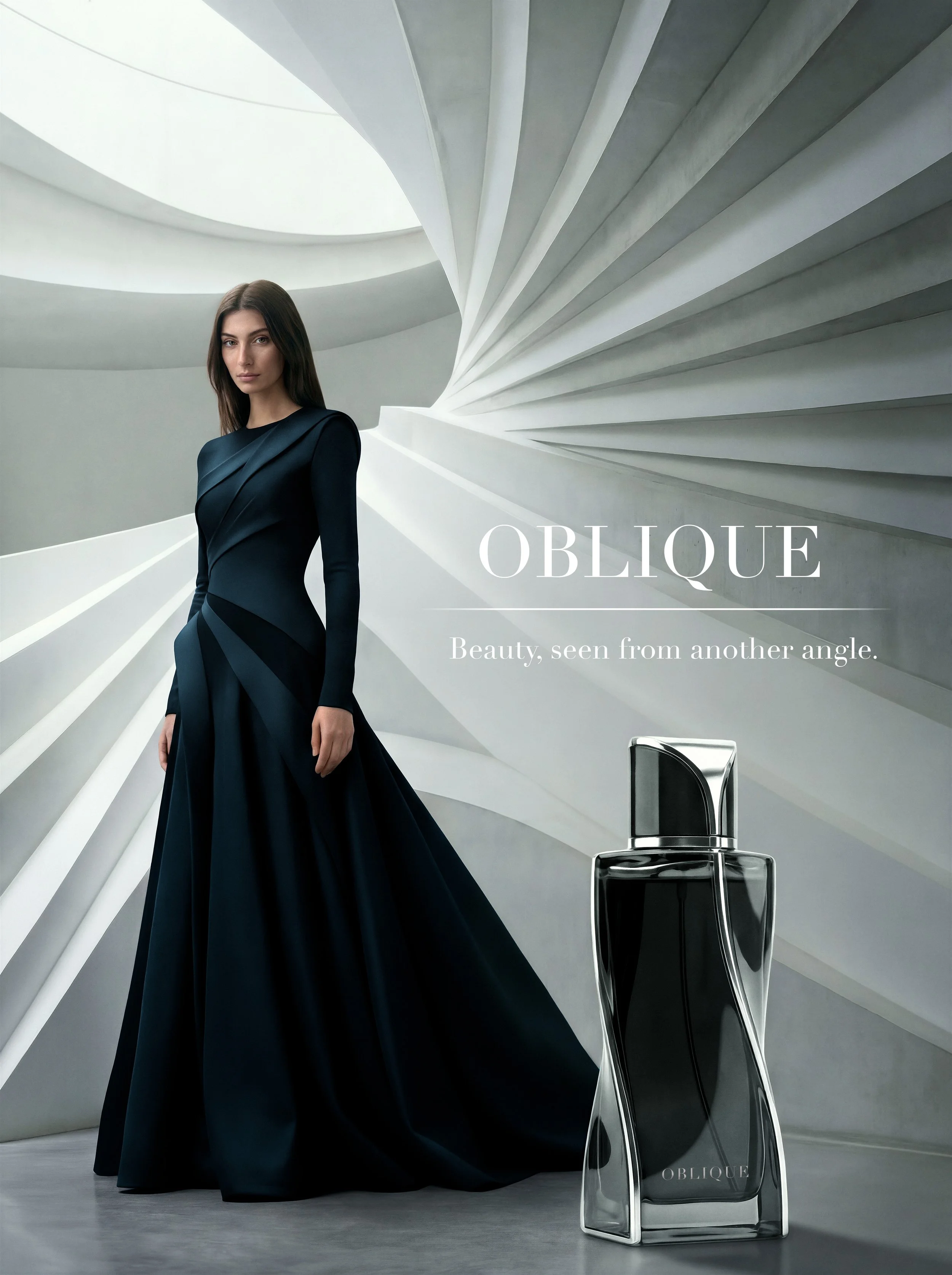 Luxury beauty perfume advertising campaign with high-end retouching