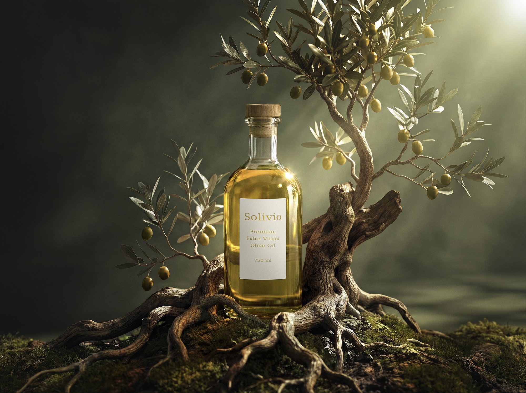 Olive oil bottle placed among the roots of an olive tree, cinematic lighting, AI-generated scene refined with professional Photoshop editing.