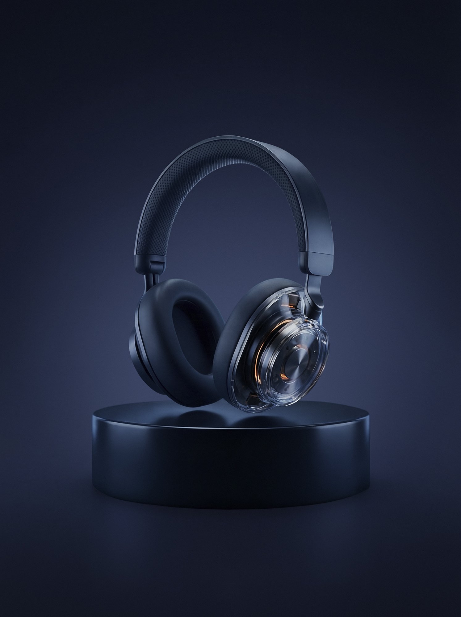 Wireless over-ear headphones in dark blue displayed on a pedestal, AI-generated product render refined with professional Photoshop editing.