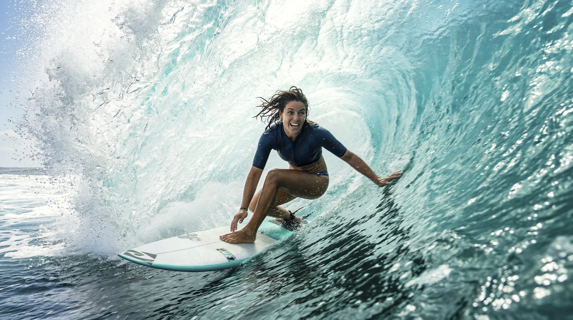 Surfer riding inside a powerful ocean barrel wave, captured in an energetic water-level perspective, AI-generated scene.