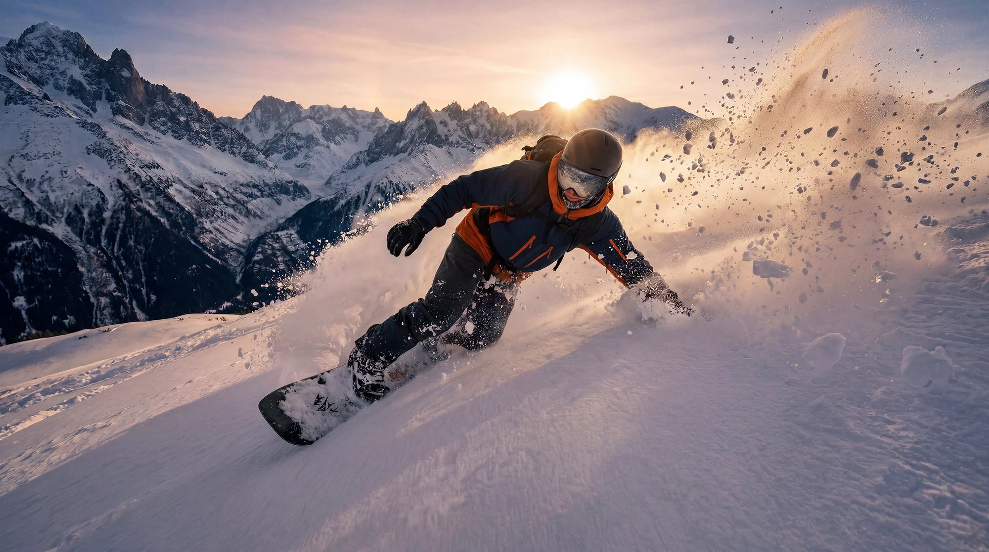 Snowboarder carving through fresh powder on a mountain at sunset, dynamic winter sports scene, AI-generated image.