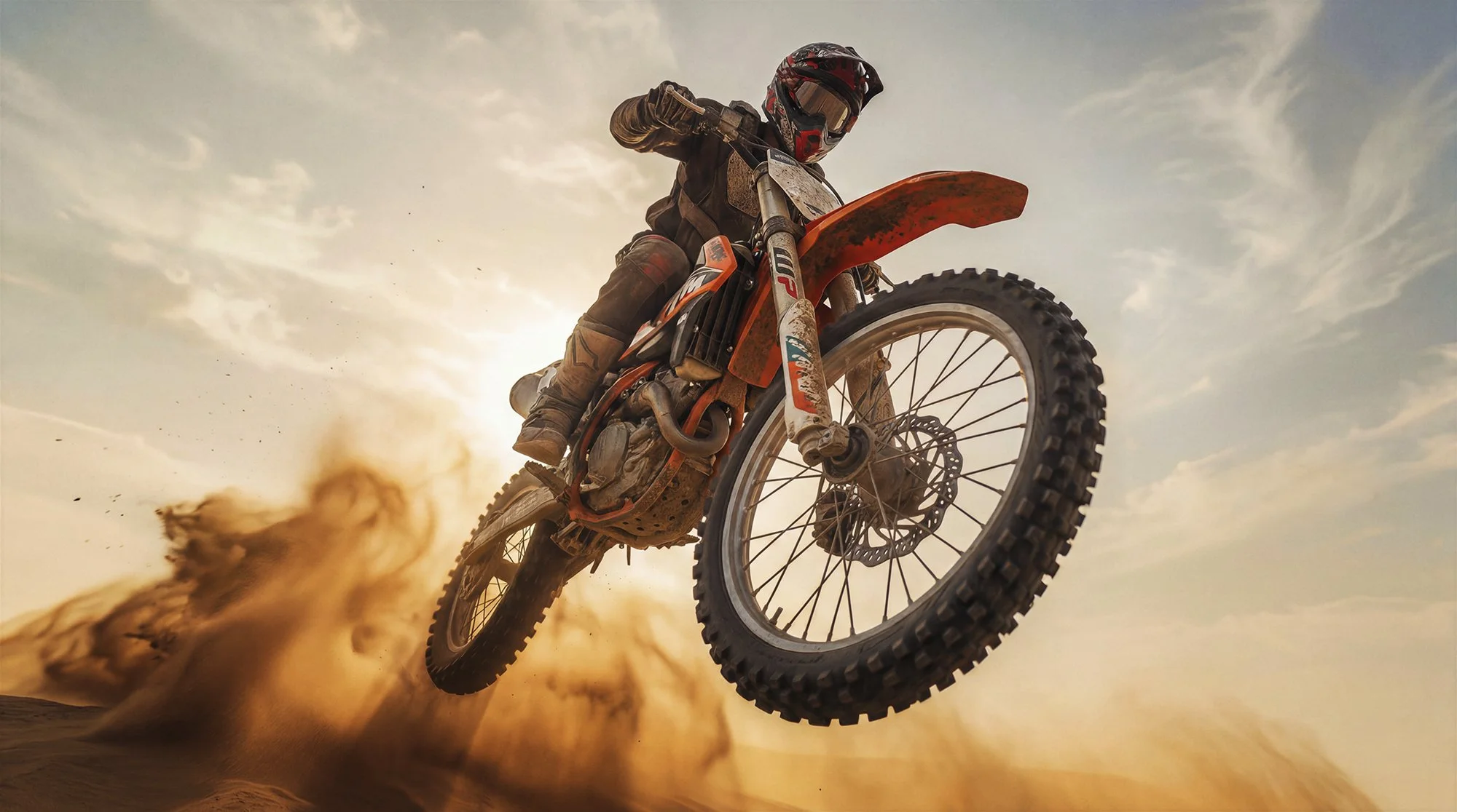 Motocross rider performing a high jump on a dirt bike, kicking up sand in a dynamic desert setting, AI-generated action scene.