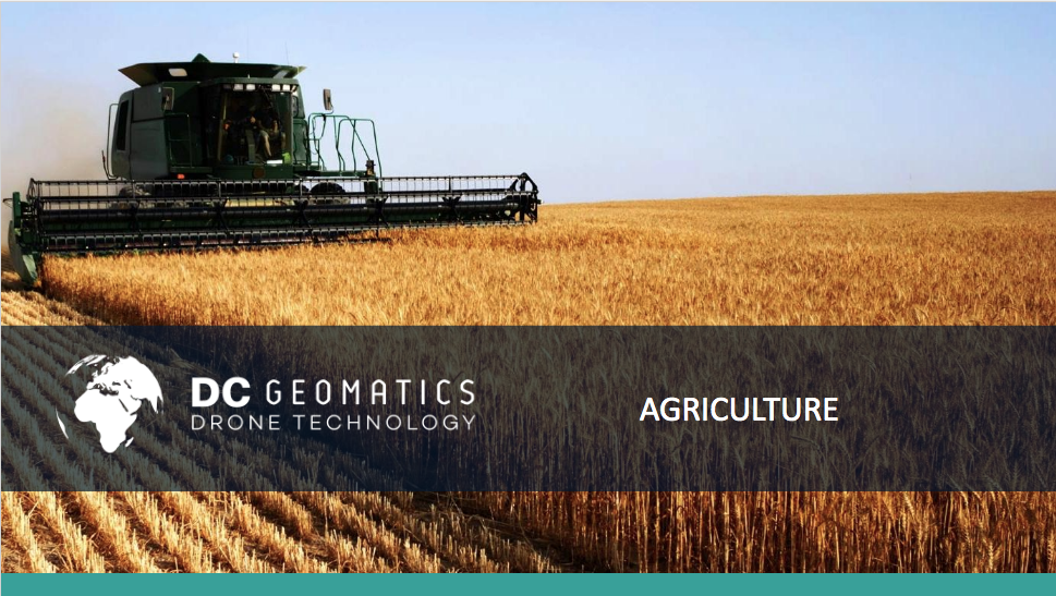 A combine harvester operating in a wheat field under a clear sky, with a DC Geomatics Drone Technology graphic overlay, showcasing agricultural technology.