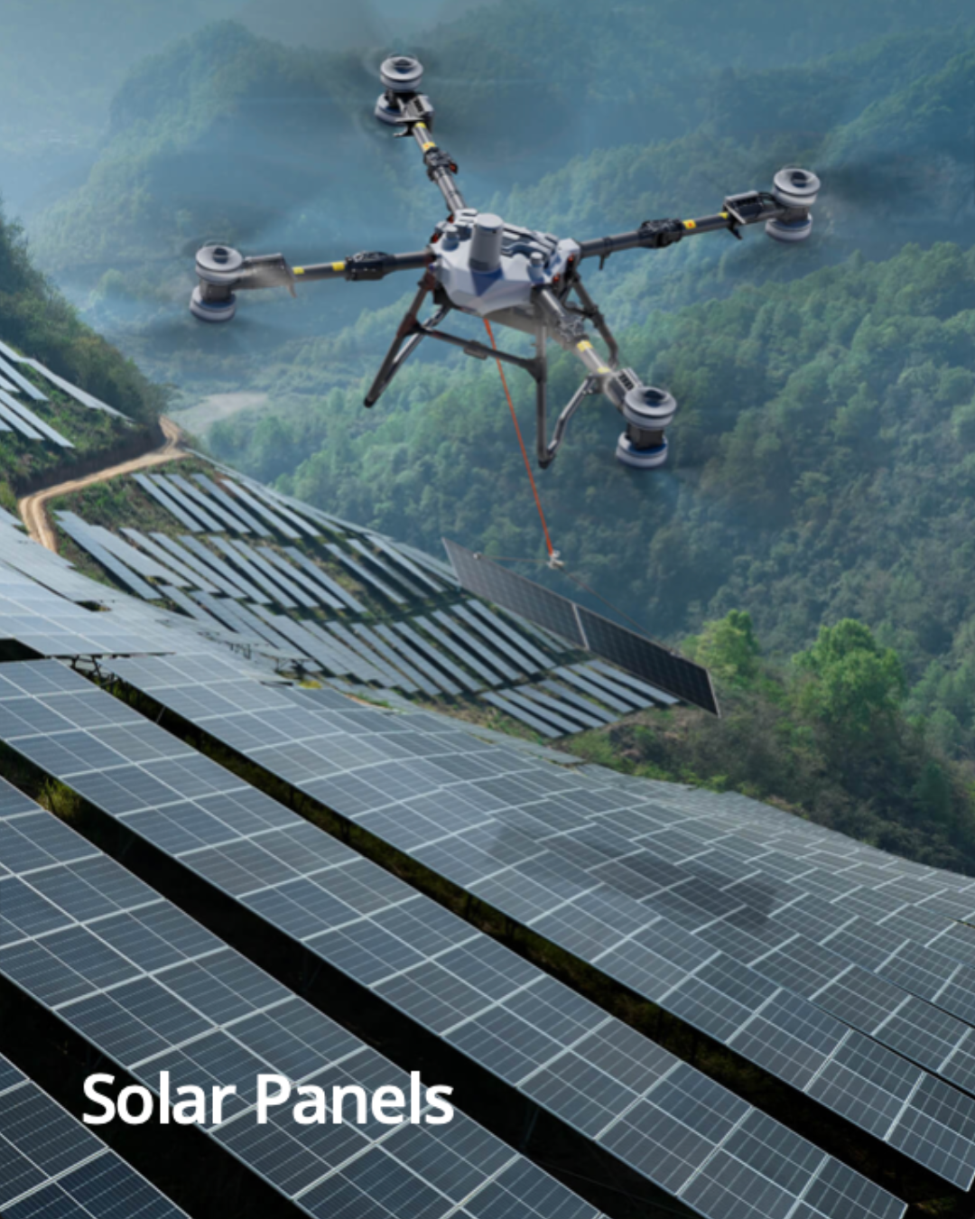 Drone installing solar panels on a hillside with a forested landscape in the background.