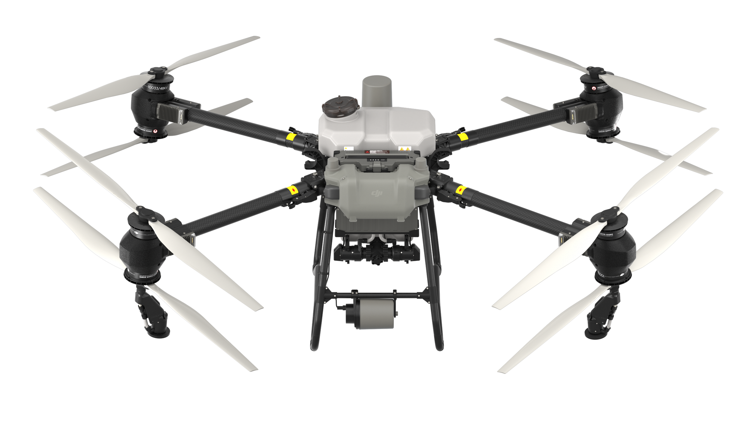 Black quadcopter drone with a camera, isolated on a white background.