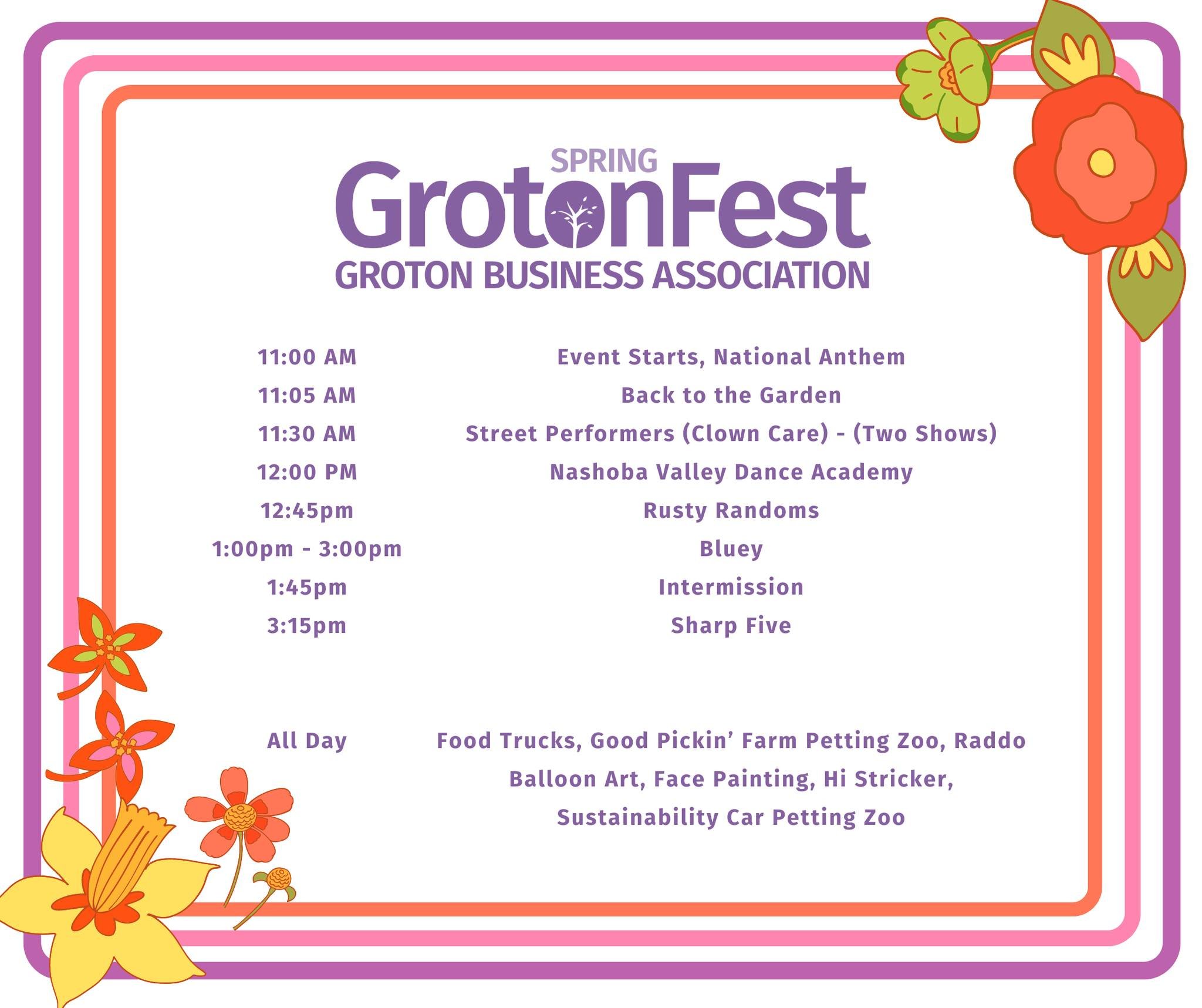 This Sunday (May 19th) from 11-4pm.

Join us at 145 Main Street in Groton, MA for a day of fun for the whole family! 

Don't miss any of the excitement.
