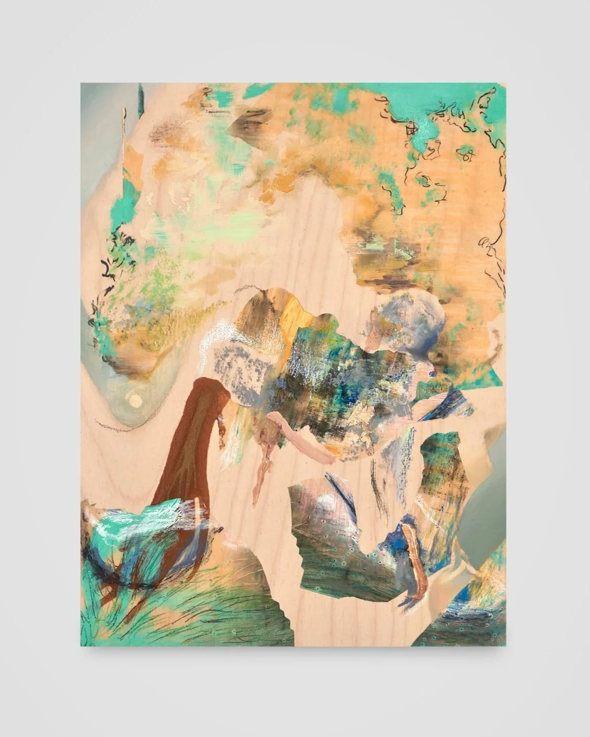 a conversation of sinew and silicate, acrylic, oil, china marker, soft pastel, oil pastel, oil stick, and polyurethane on panel, 9 x 12 in.
$630