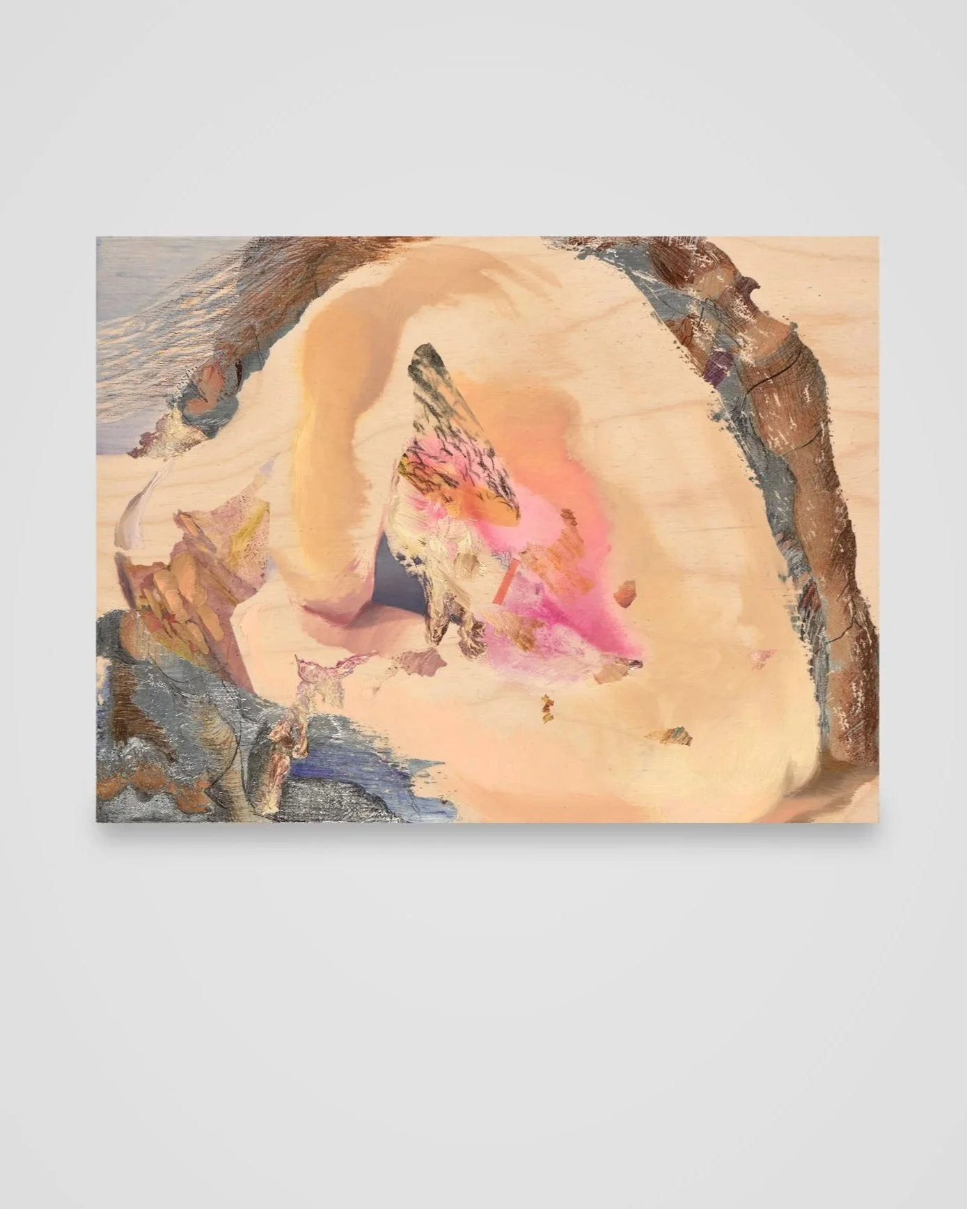 the atmospheric pressure to exhale and take in, acrylic, oil, mirror paint, china marker, charcoal, and polyurethane on panel, 9 x 12 in. Sold